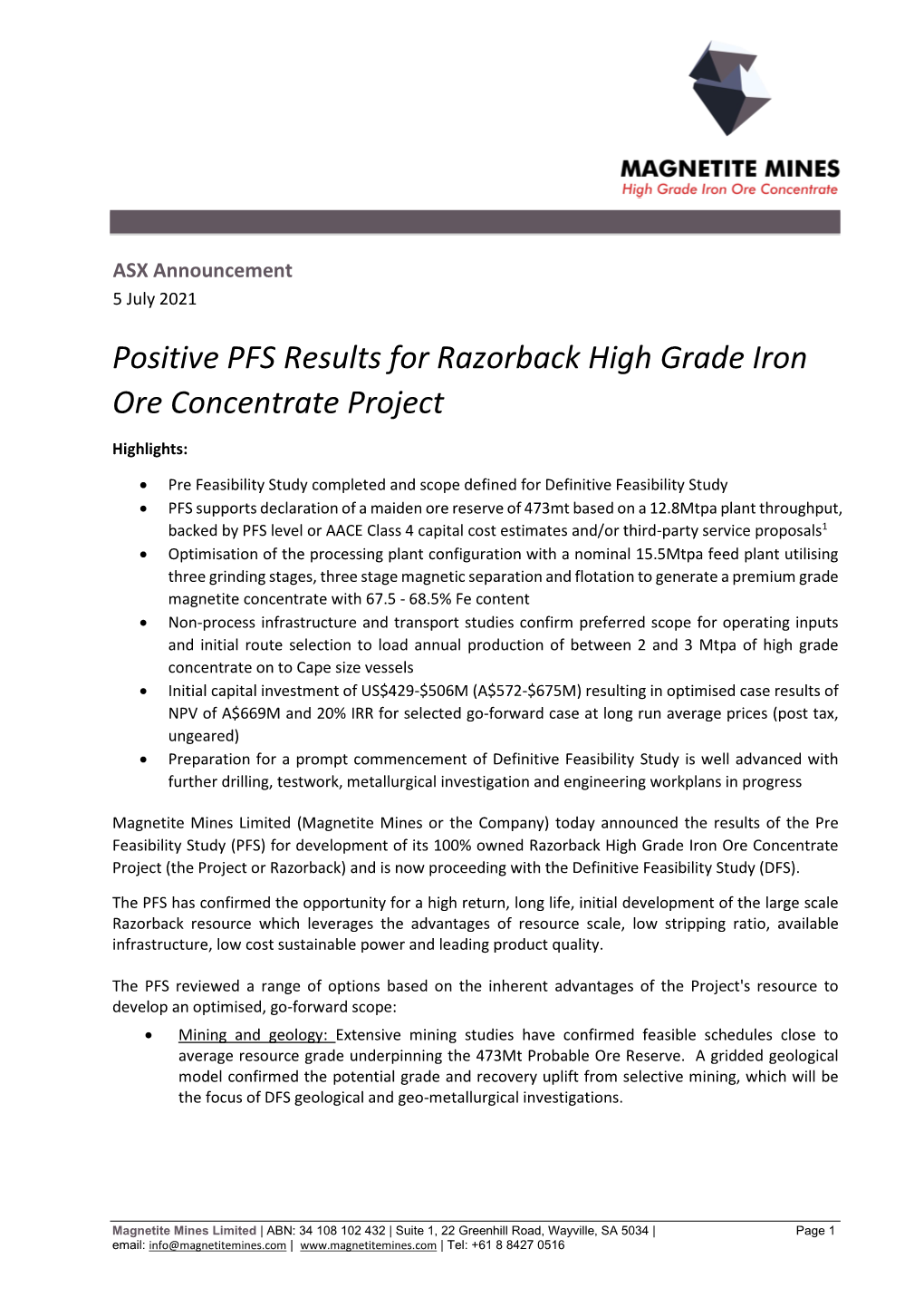 Positive PFS Results for Razorback High Grade Iron Ore Concentrate Project