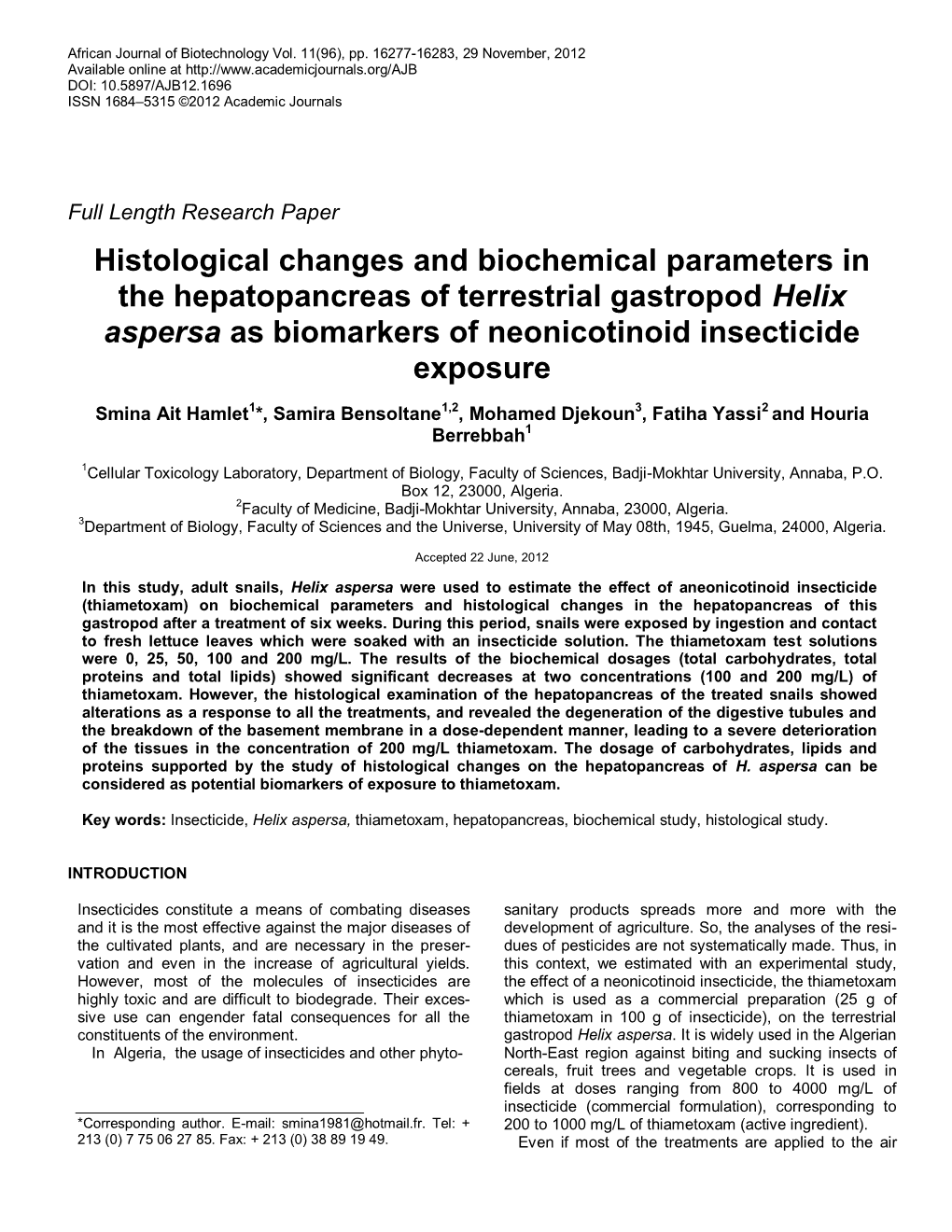 Histological Changes and Biochemical Parameters in the Hepatopancreas of Terrestrial Gastropod Helix Aspersa As Biomarkers of Neonicotinoid Insecticide Exposure