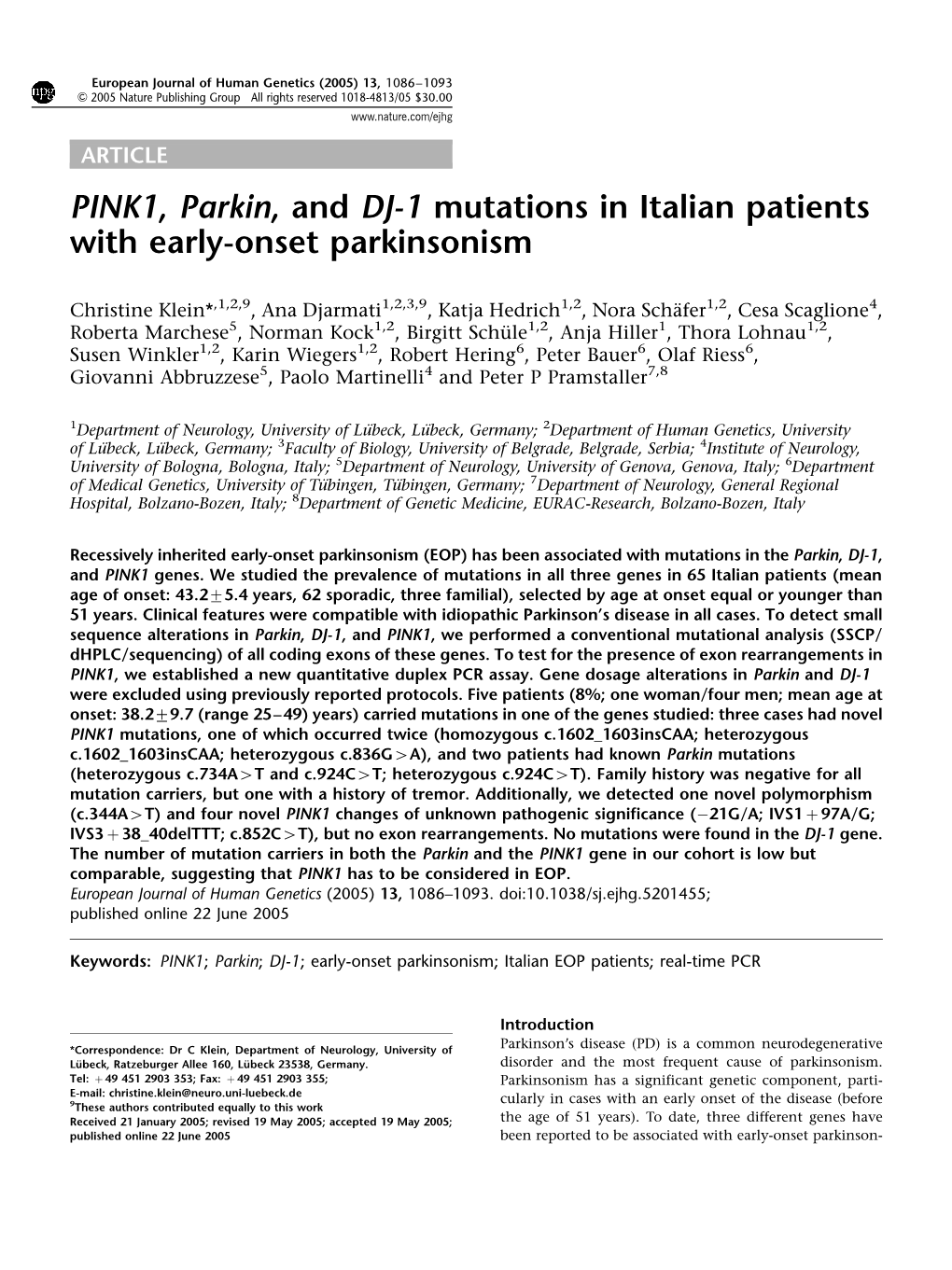 PINK1, Parkin, and DJ-1 Mutations in Italian Patients with Early-Onset Parkinsonism