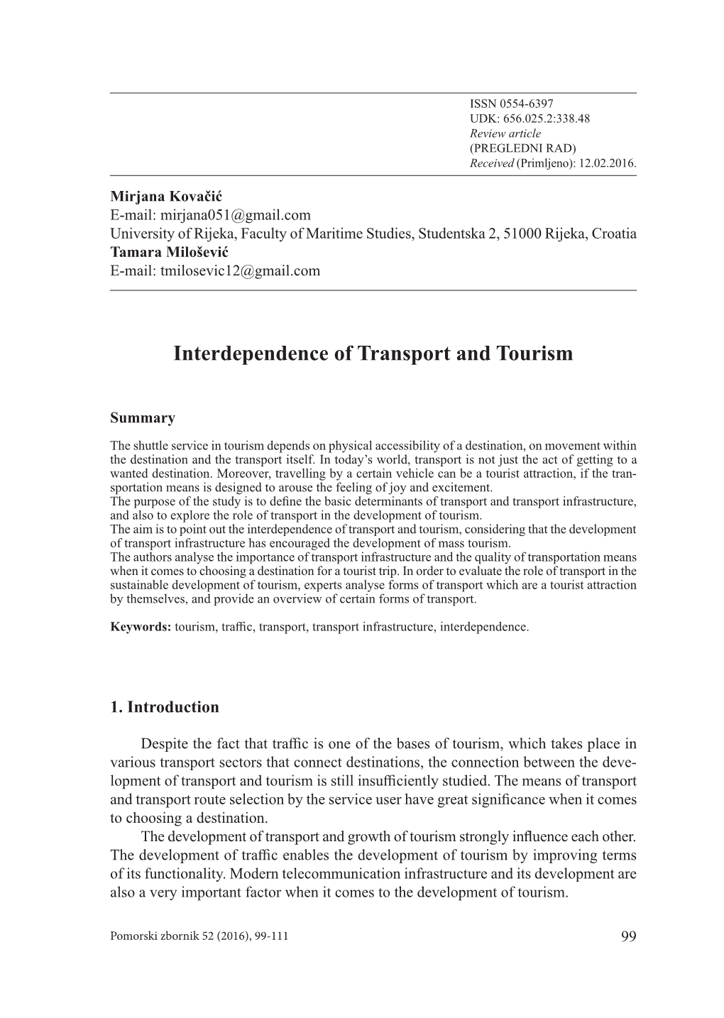 Interdependence of Transport and Tourism