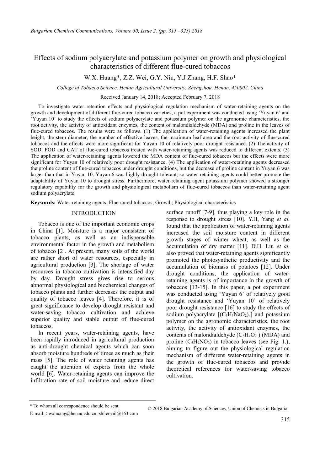 Effects of Sodium Polyacrylate and Potassium Polymer on Growth and Physiological Characteristics of Different Flue-Cured Tobaccos W.X