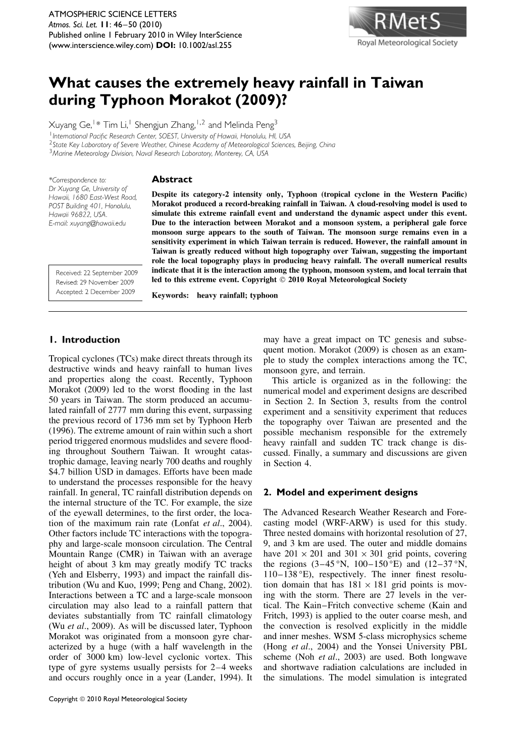 What Causes the Extremely Heavy Rainfall in Taiwan During Typhoon Morakot (2009)?