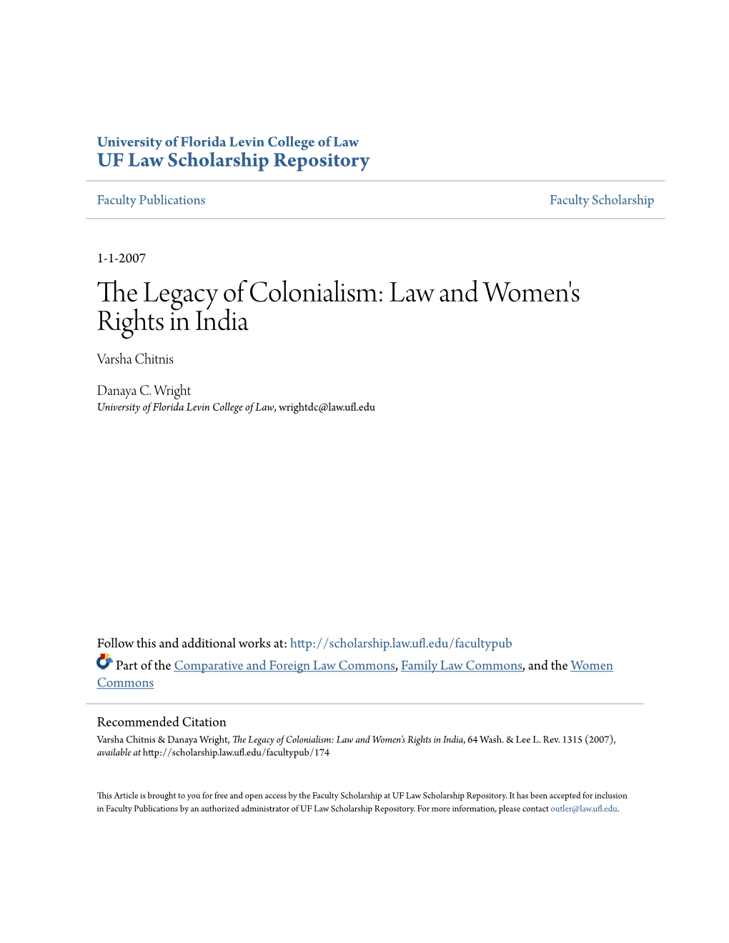 The Legacy of Colonialism: Law and Women's Rights in India Varsha Chitnis