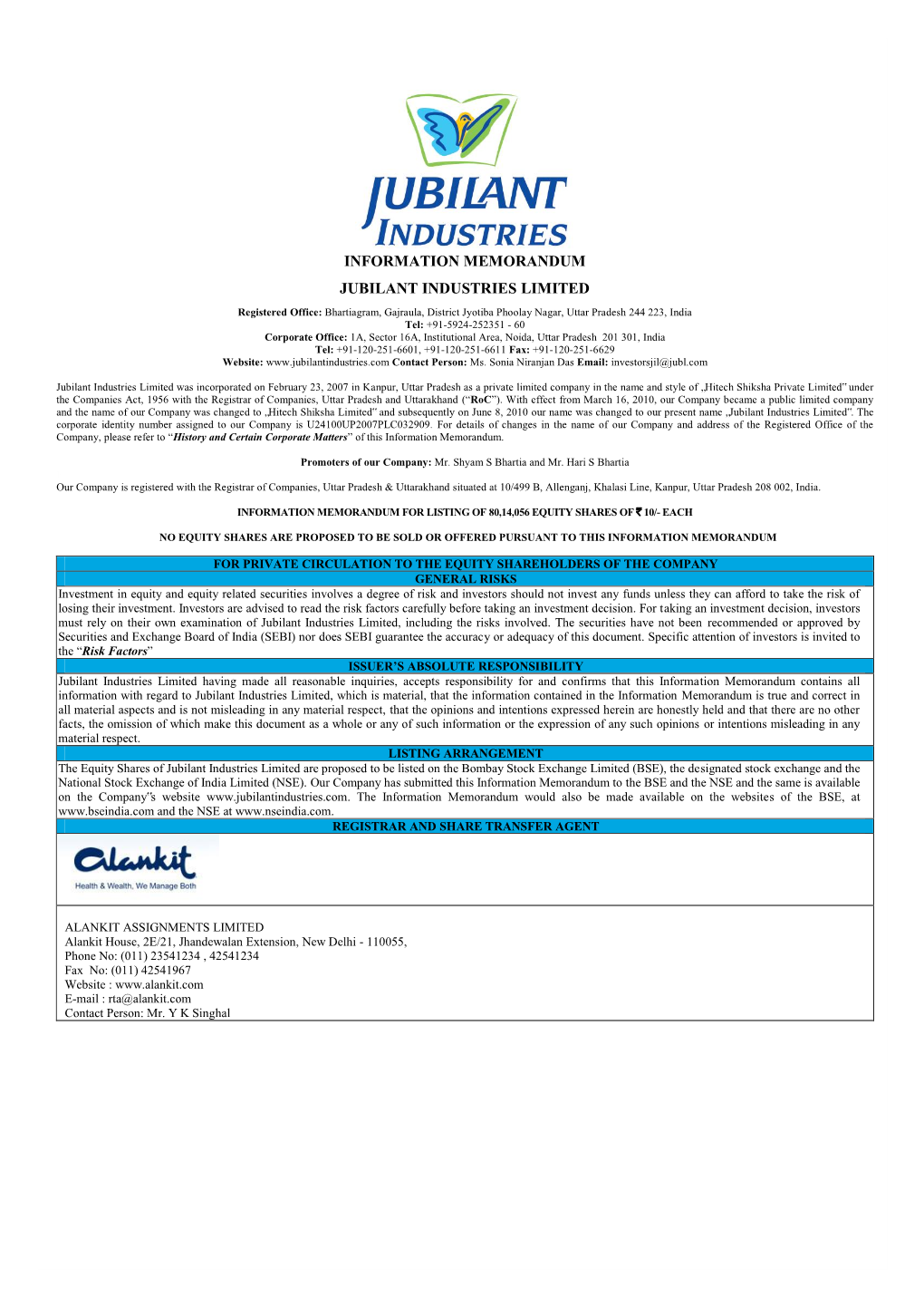 Information Memorandum Jubilant Industries Limited