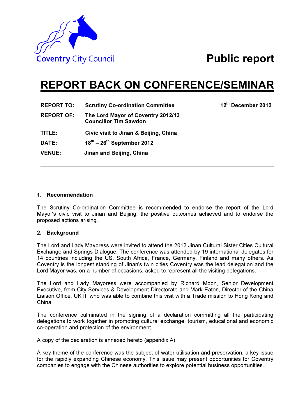 Public Report REPORT BACK on CONFERENCE/SEMINAR