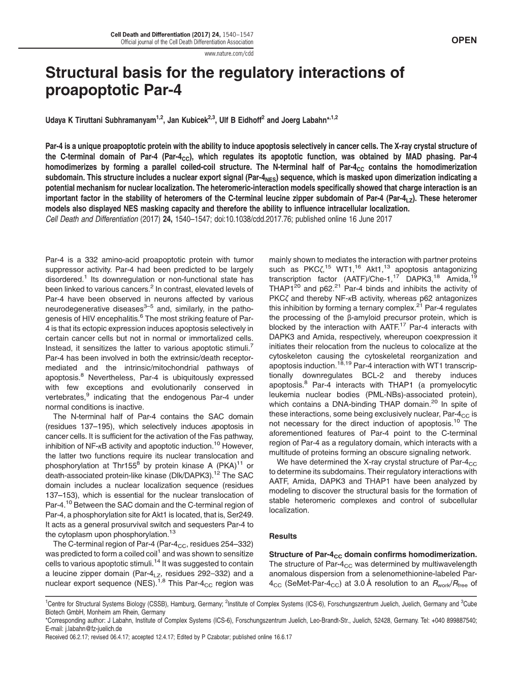 Structural Basis for the Regulatory Interactions of Proapoptotic Par-4