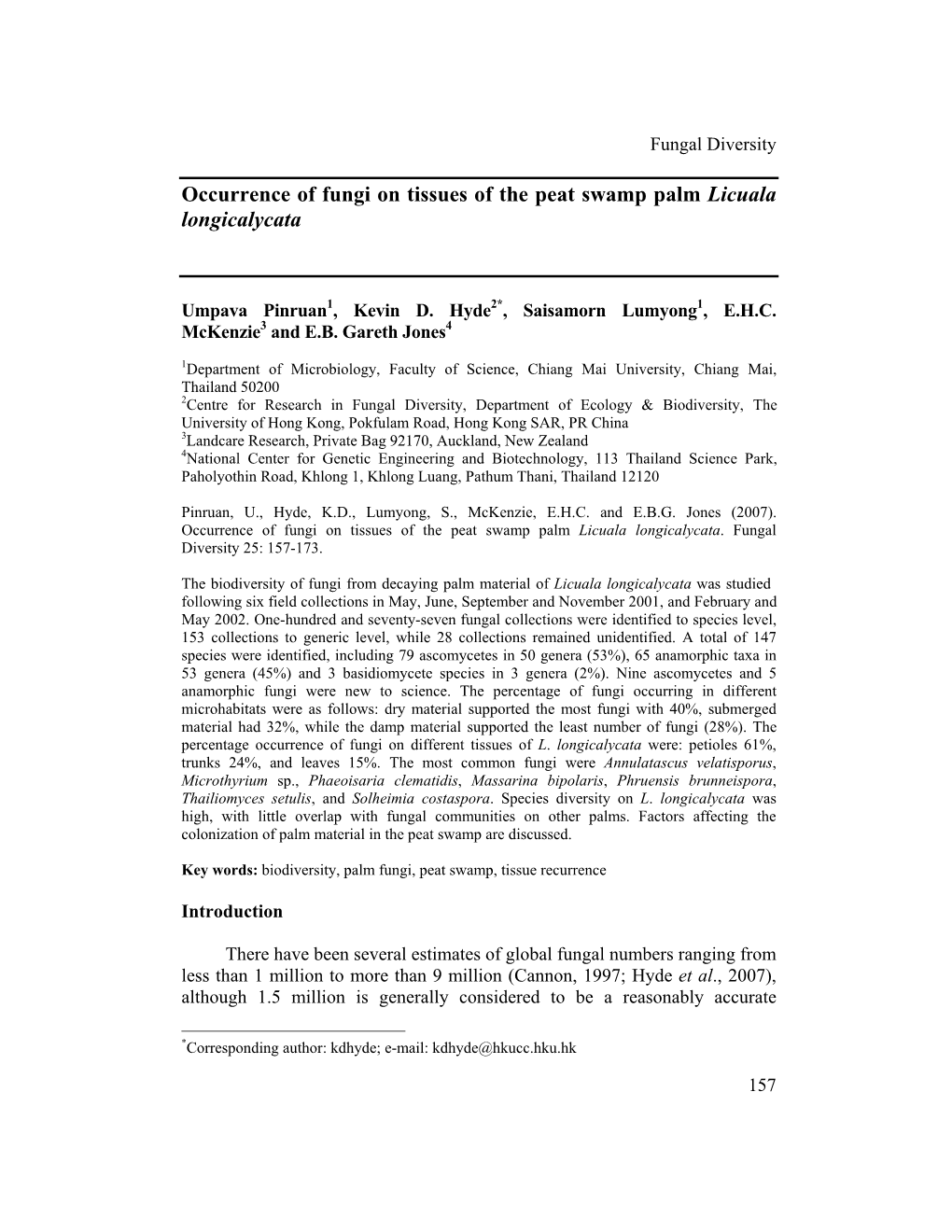 Occurrence of Fungi on Tissues of the Peat Swamp Palm Licuala Longicalycata