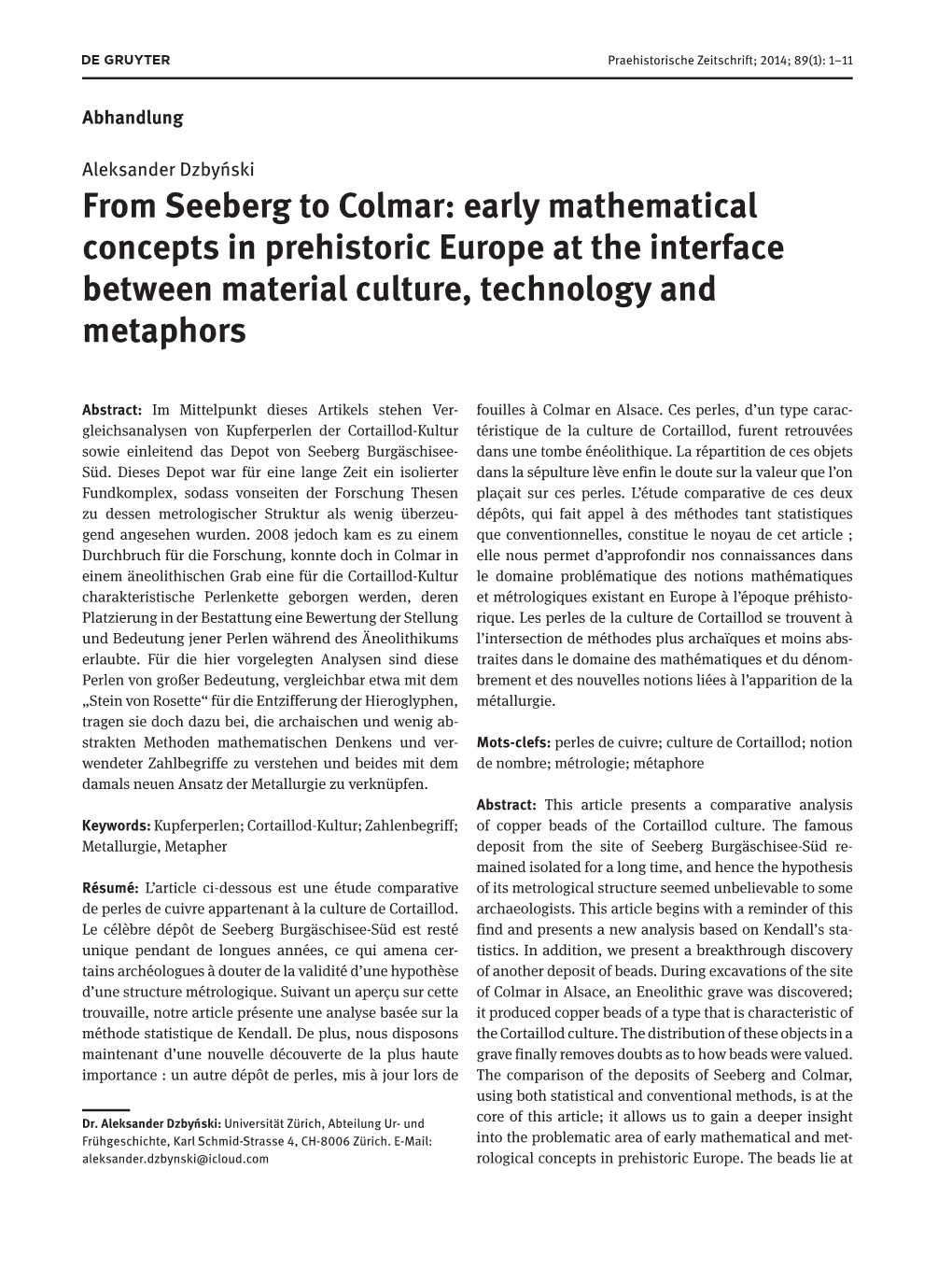 From Seeberg to Colmar: Early Mathematical Concepts in Prehistoric Europe at the Interface Between Material Culture, Technology and Metaphors