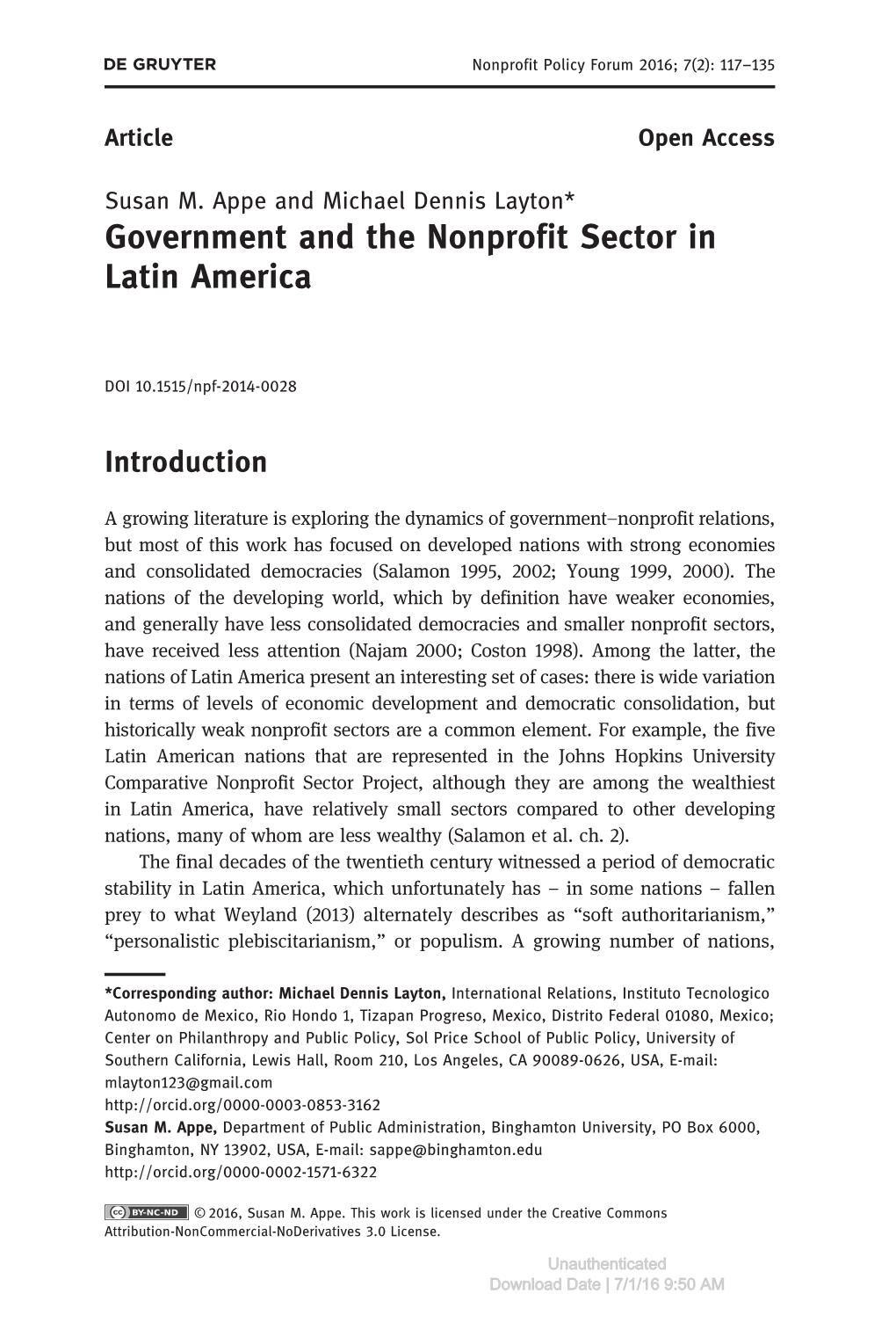 Government and the Nonprofit Sector in Latin America