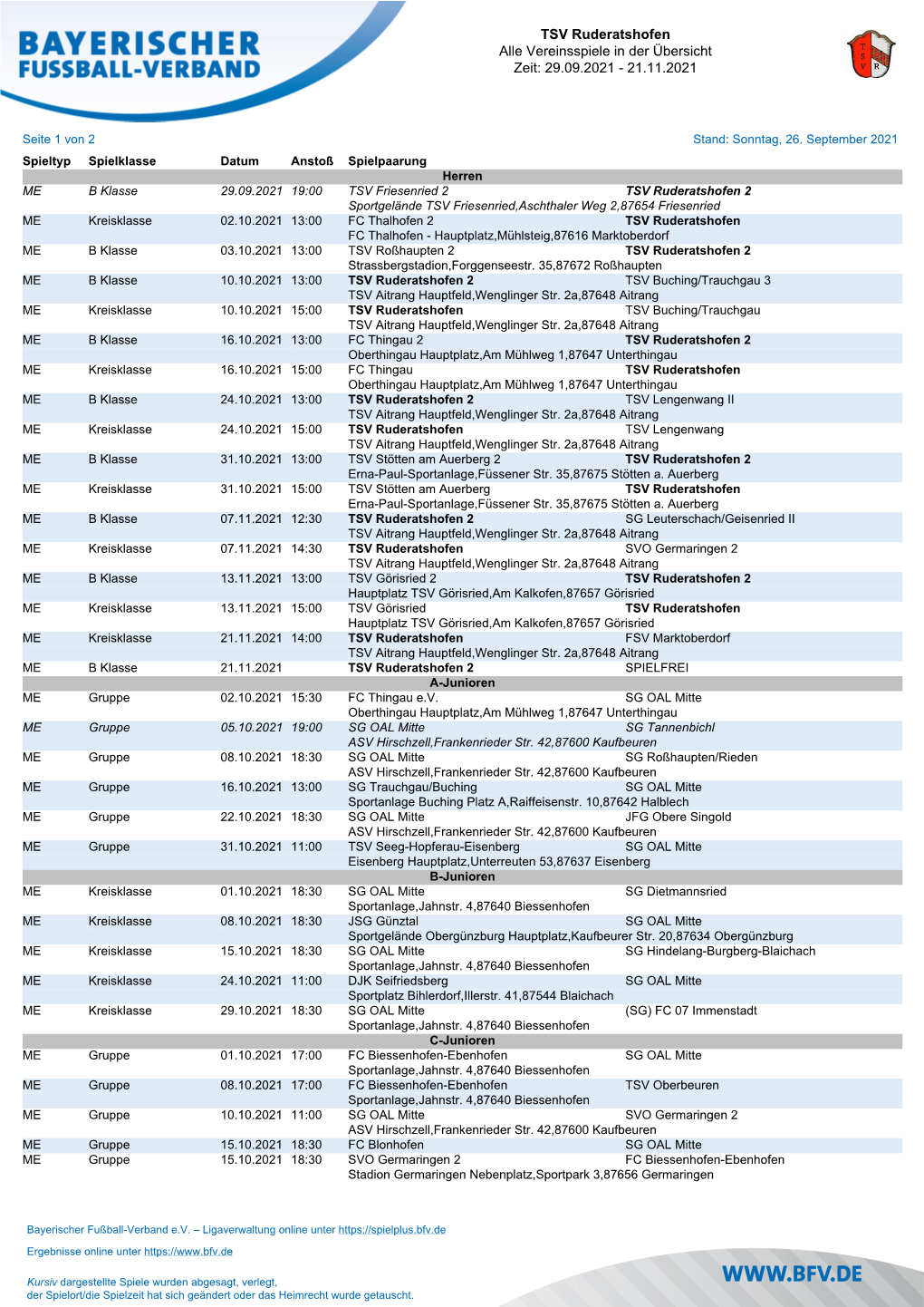 TSV Ruderatshofen Alle Vereinsspiele in Der Übersicht Zeit: 29.09.2021 - 21.11.2021