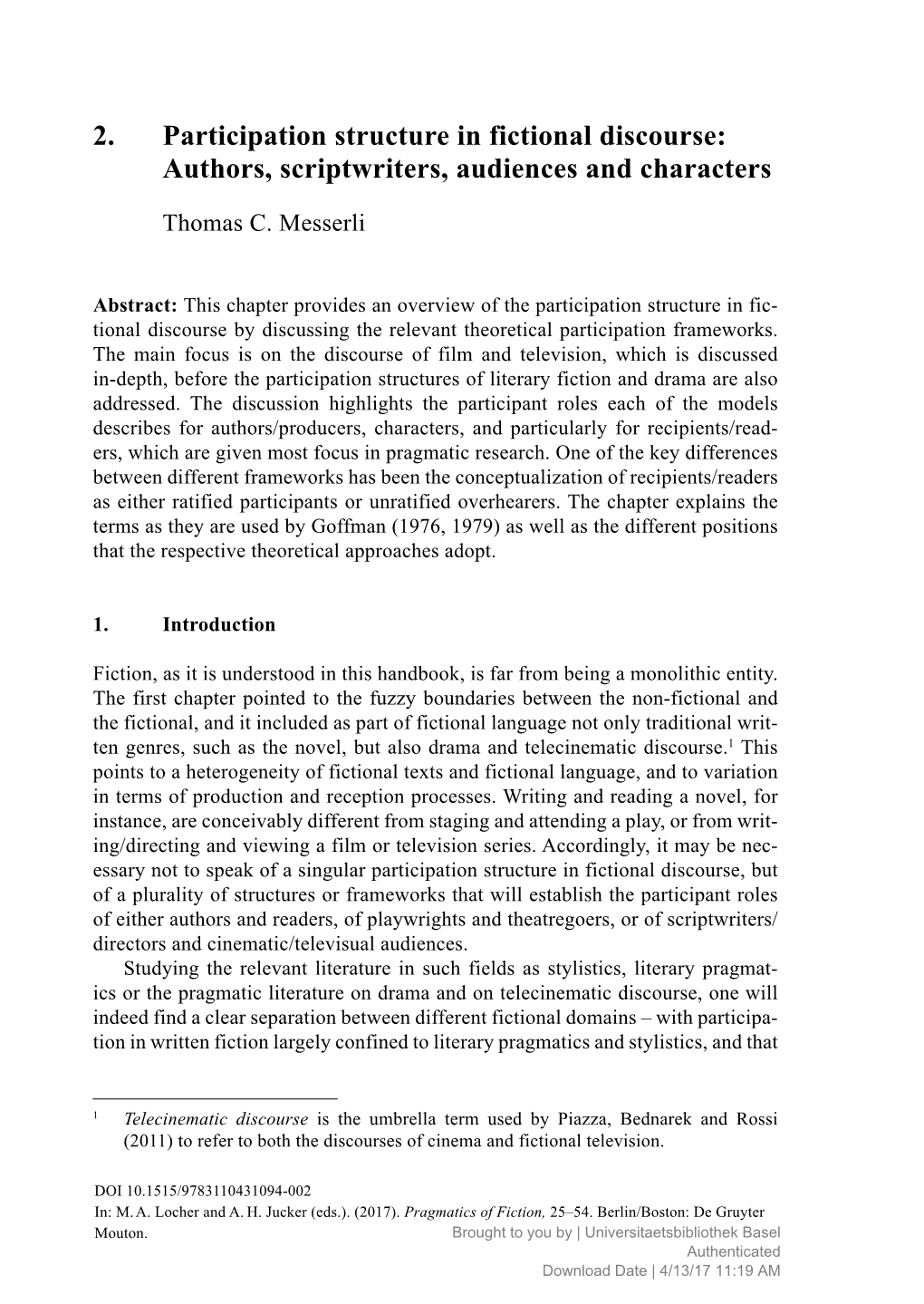 2. Participation Structure in Fictional Discourse: Authors, Scriptwriters, Audiences and Characters