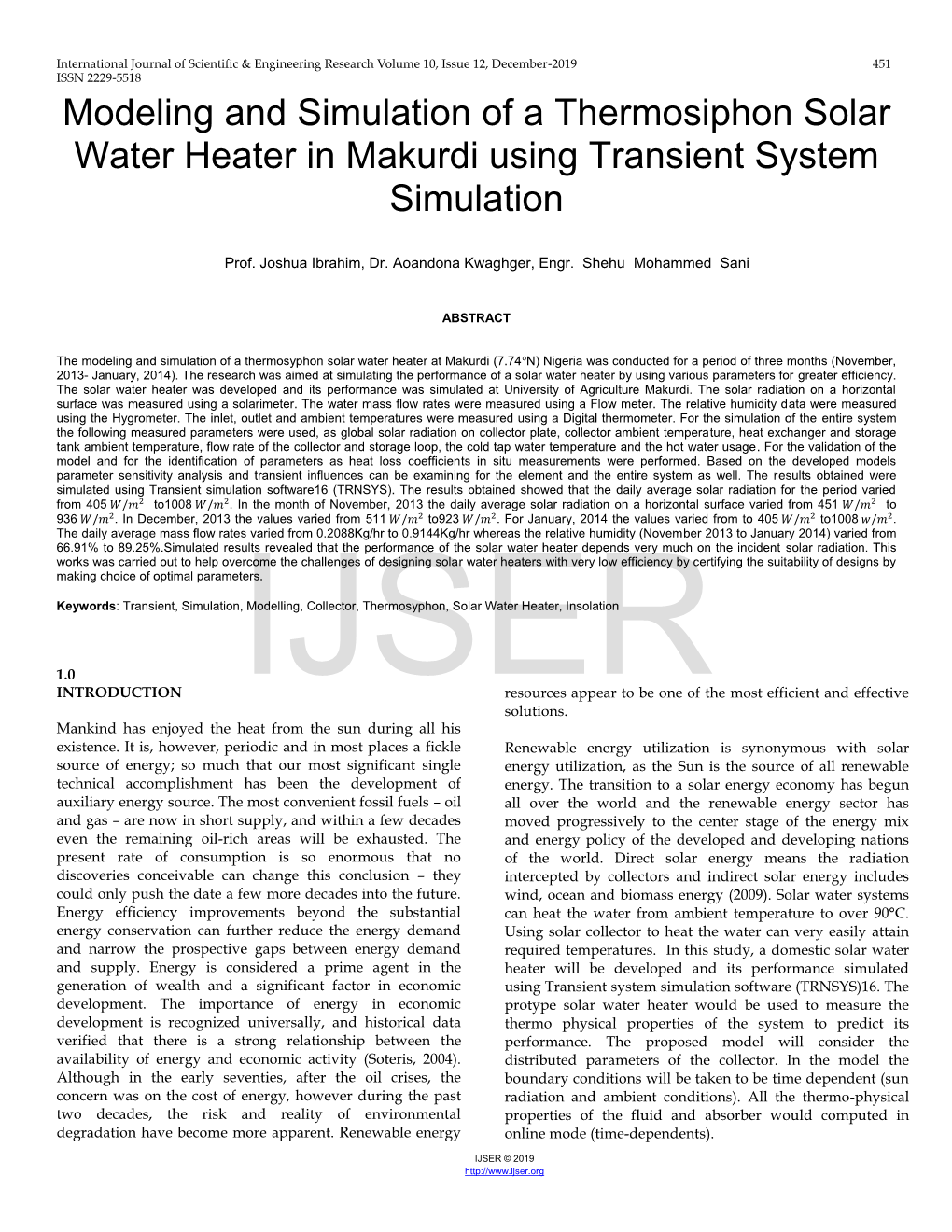 Modeling and Simulation of a Thermosiphon Solar Water Heater in Makurdi Using Transient System Simulation