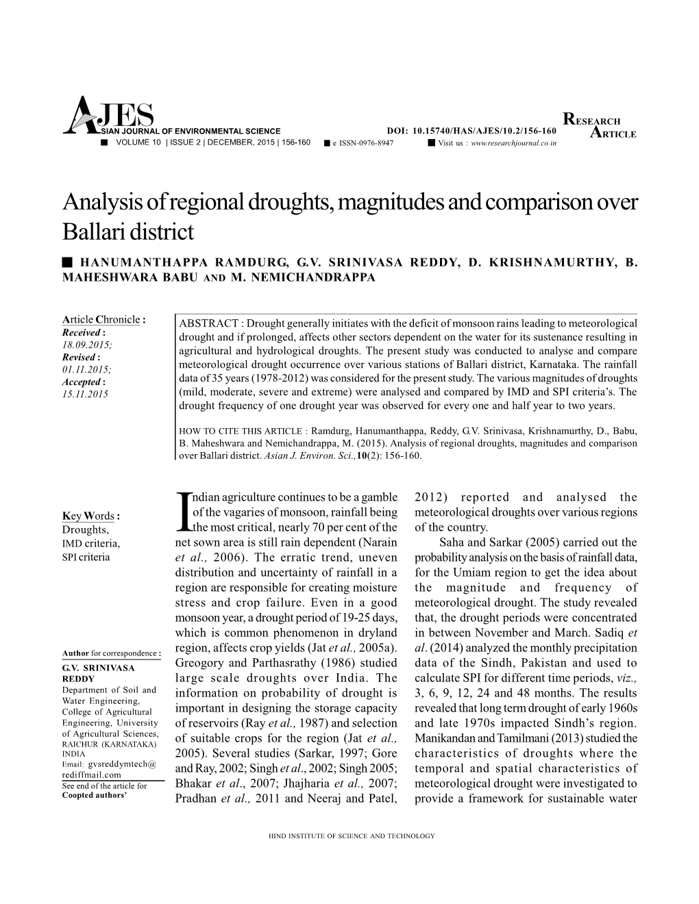 Analysis of Regional Droughts, Magnitudes and Comparison Over Ballari District HANUMANTHAPPA RAMDURG, G.V