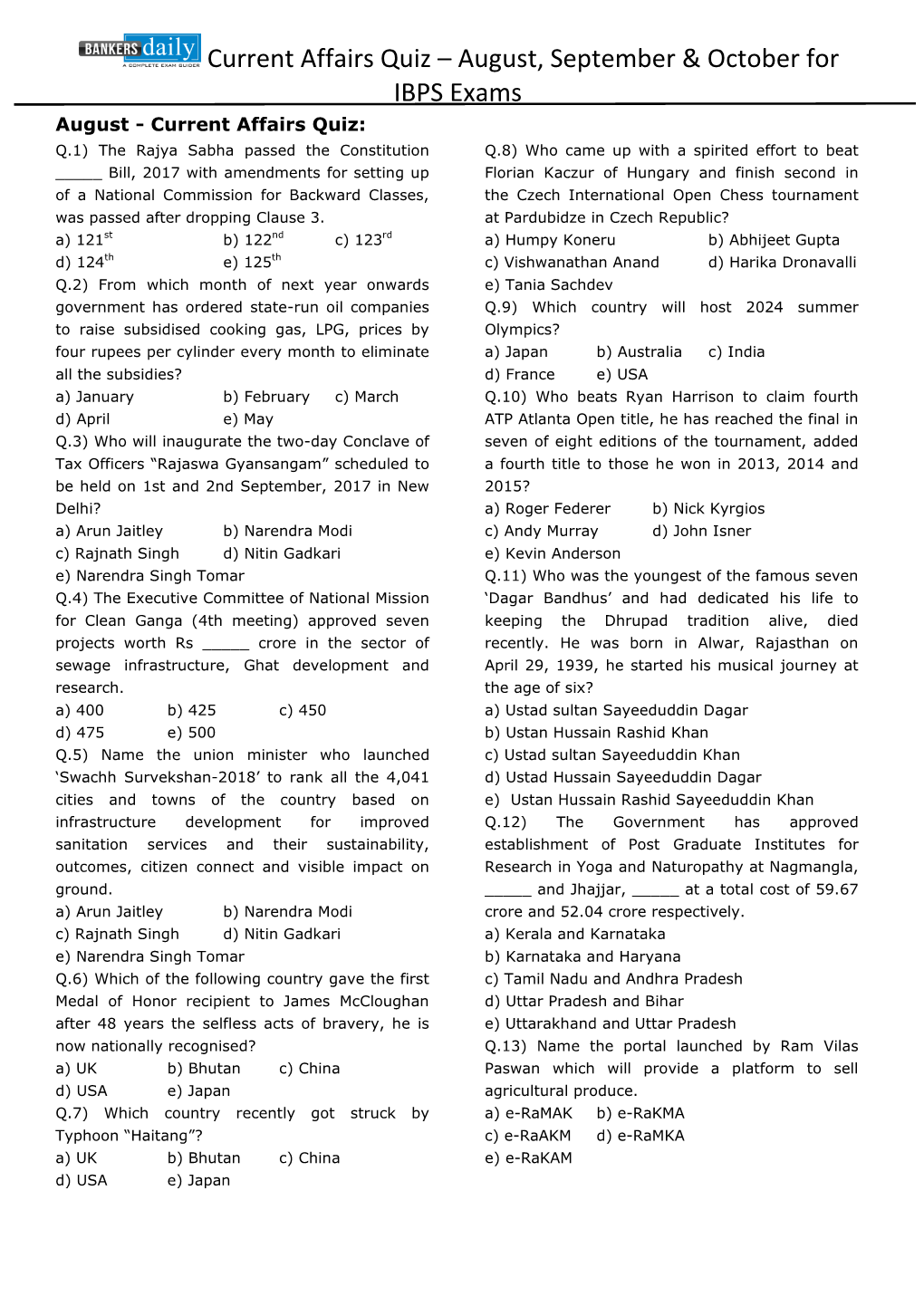 Current Affairs Quiz – August, September & October for IBPS Exams