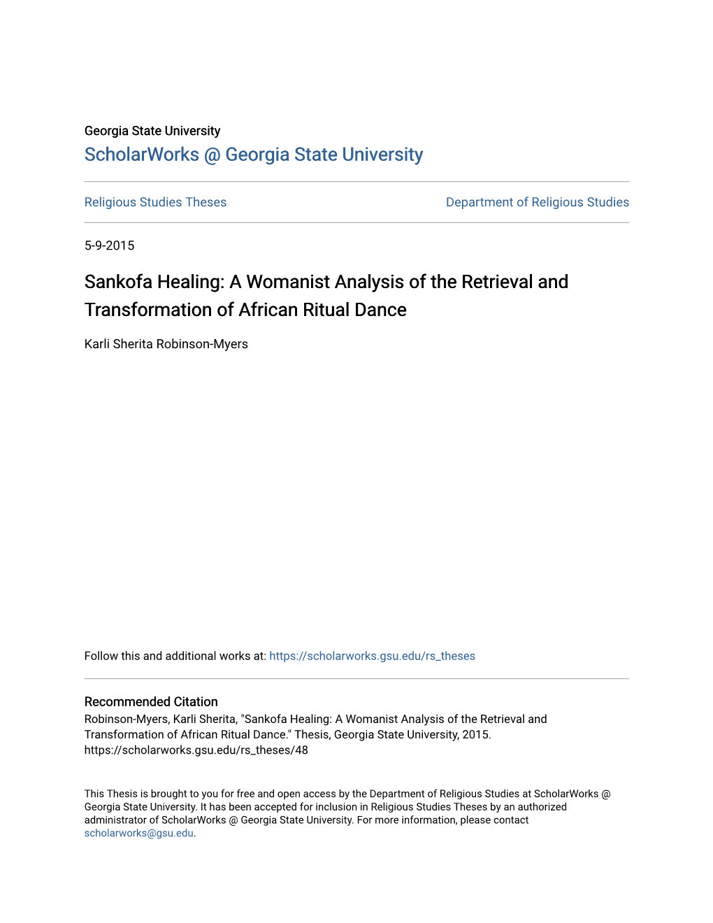 Sankofa Healing: a Womanist Analysis of the Retrieval and Transformation of African Ritual Dance