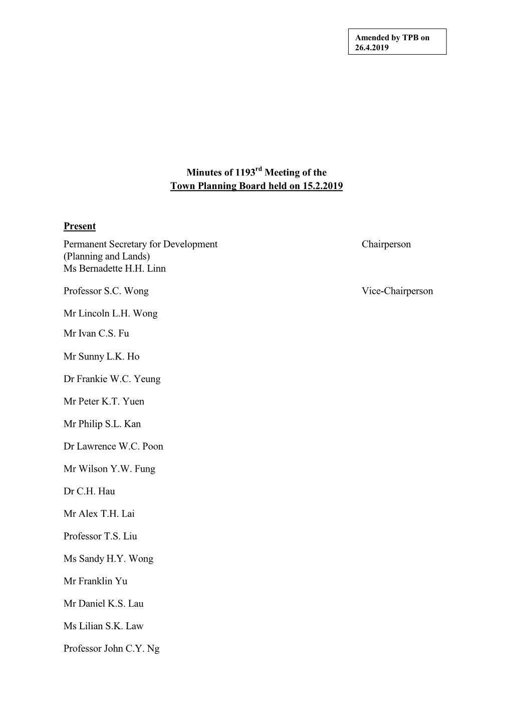 Minutes of 1193 Meeting of the Town Planning Board Held on 15.2.2019