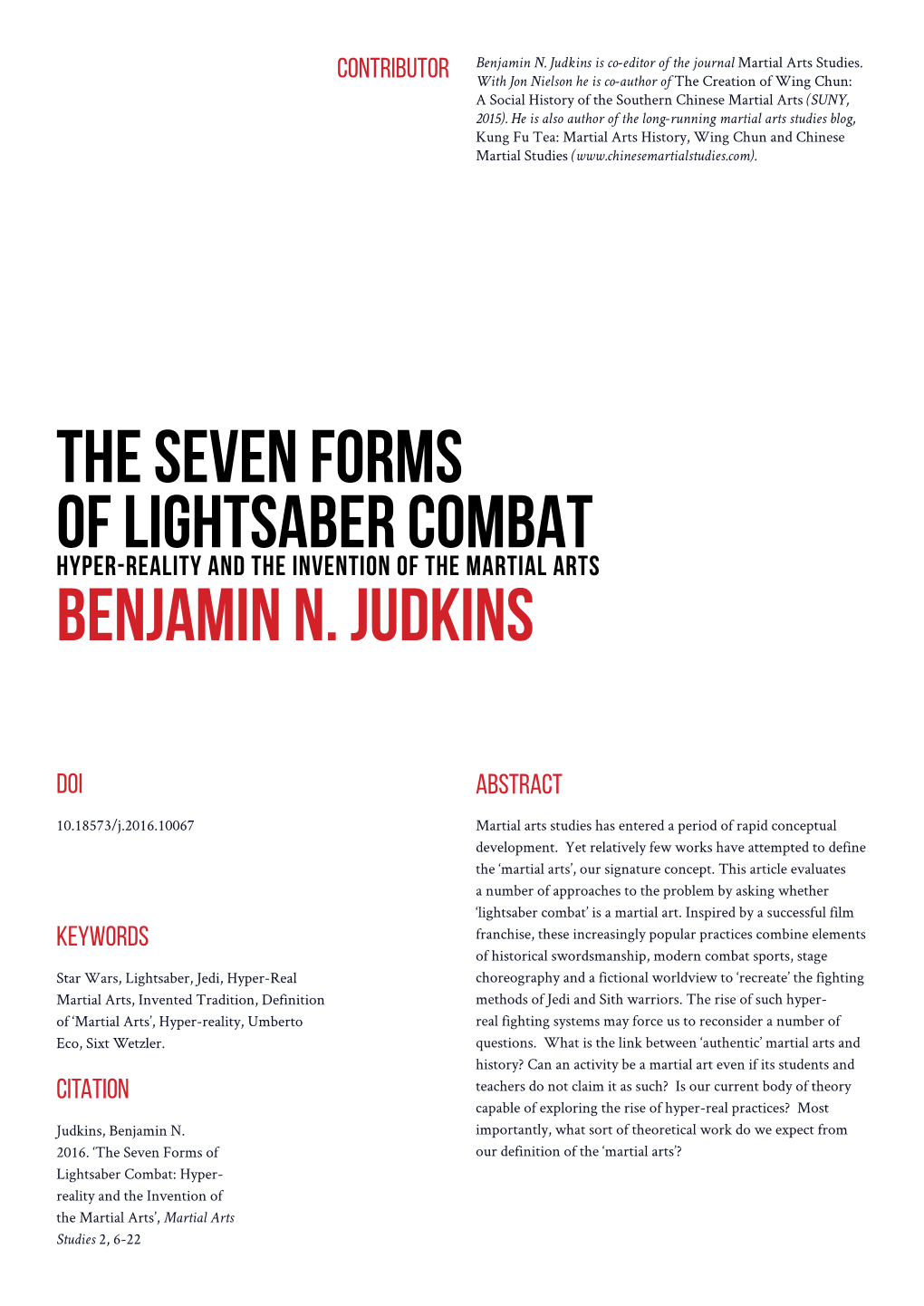 The Seven Forms of Lightsaber Combat Hyper-Reality and the Invention of the Martial Arts Benjamin N