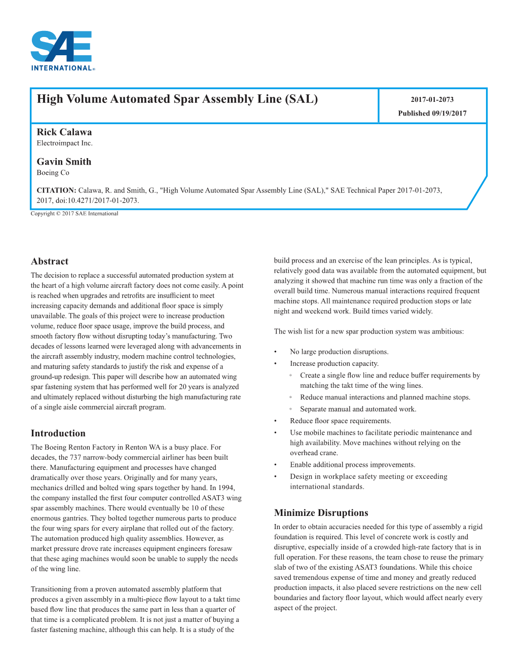 High Volume Automated Spar Assembly Line (SAL) 2017-01-2073 Published 09/19/2017