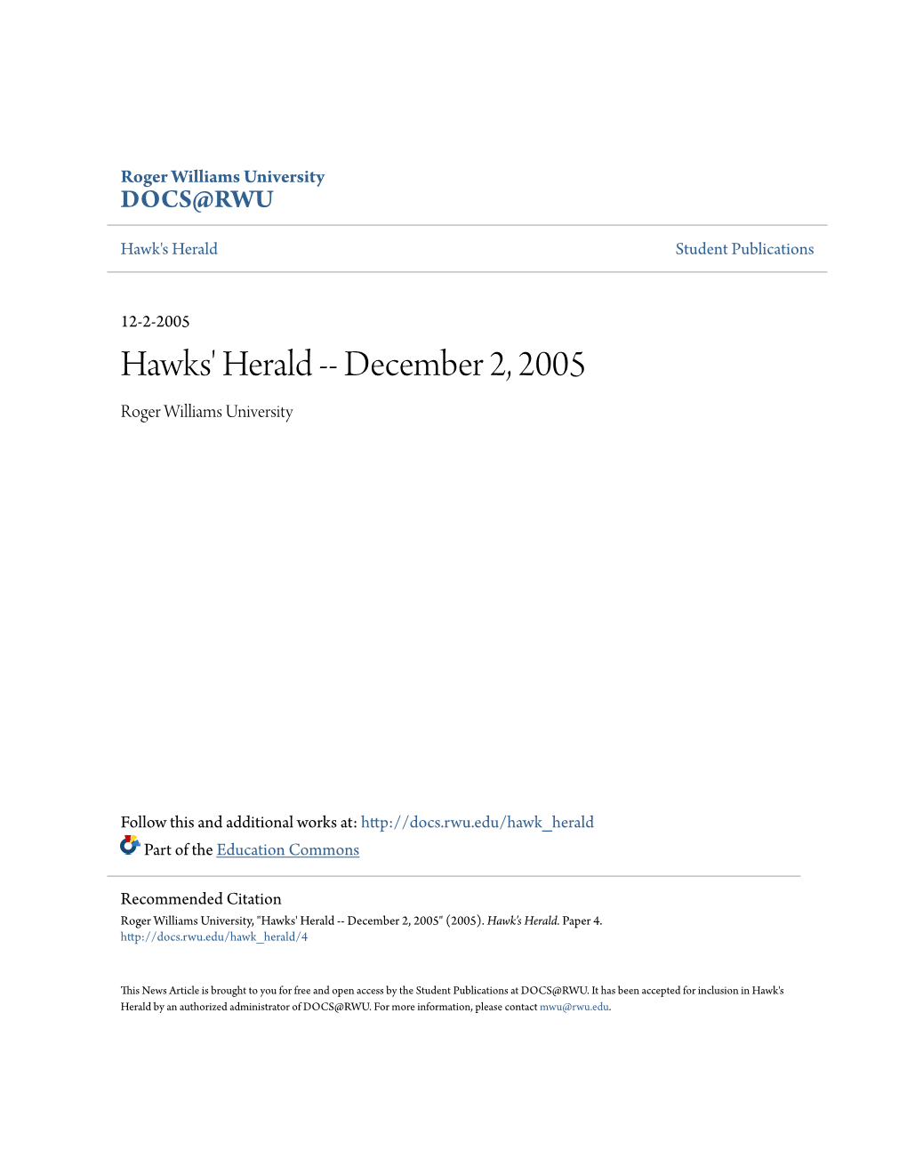 Hawks' Herald -- December 2, 2005 Roger Williams University