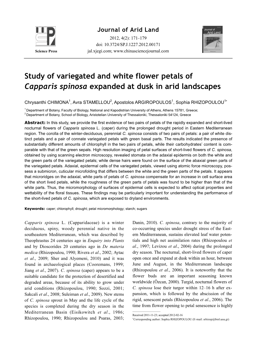 Study of Variegated and White Flower Petals of Capparis Spinosa Expanded at Dusk in Arid Landscapes