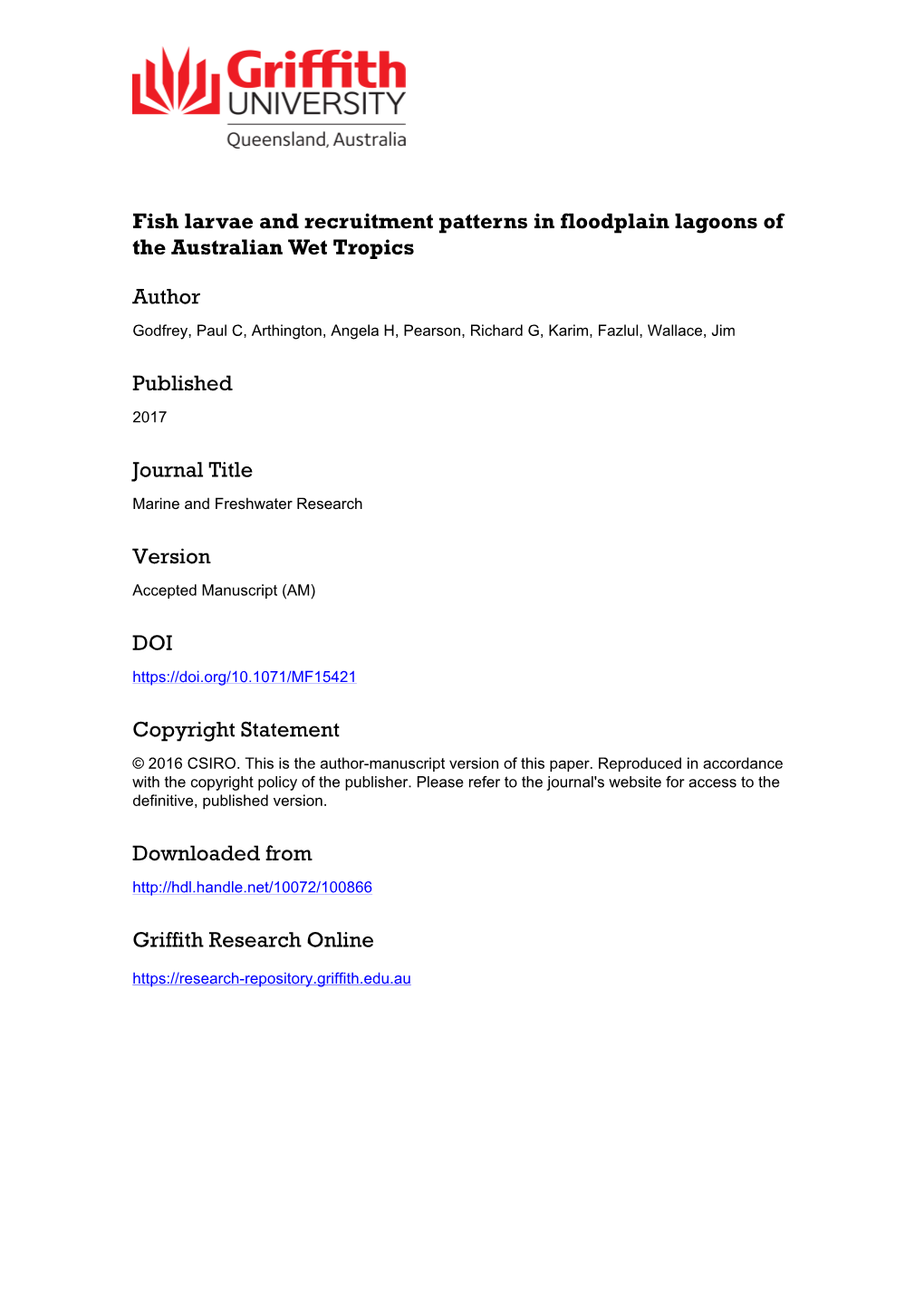 Fish Larvae and Recruitment Patterns in Floodplain Lagoons of the Australian Wet Tropics