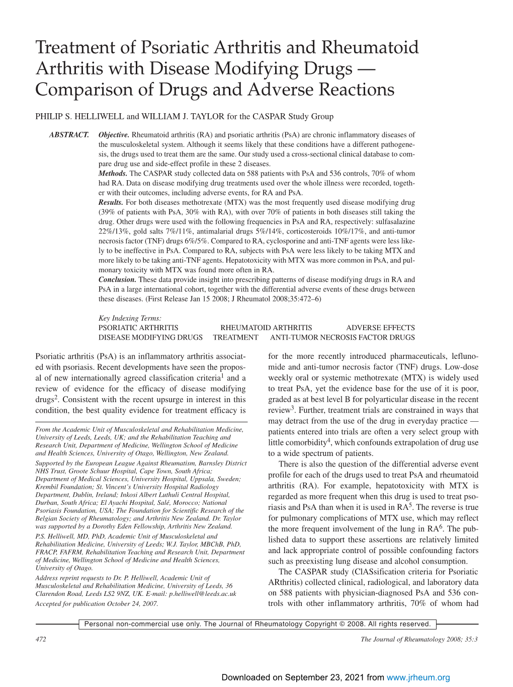 Treatment of Psoriatic Arthritis and Rheumatoid Arthritis with Disease Modifying Drugs — Comparison of Drugs and Adverse Reactions