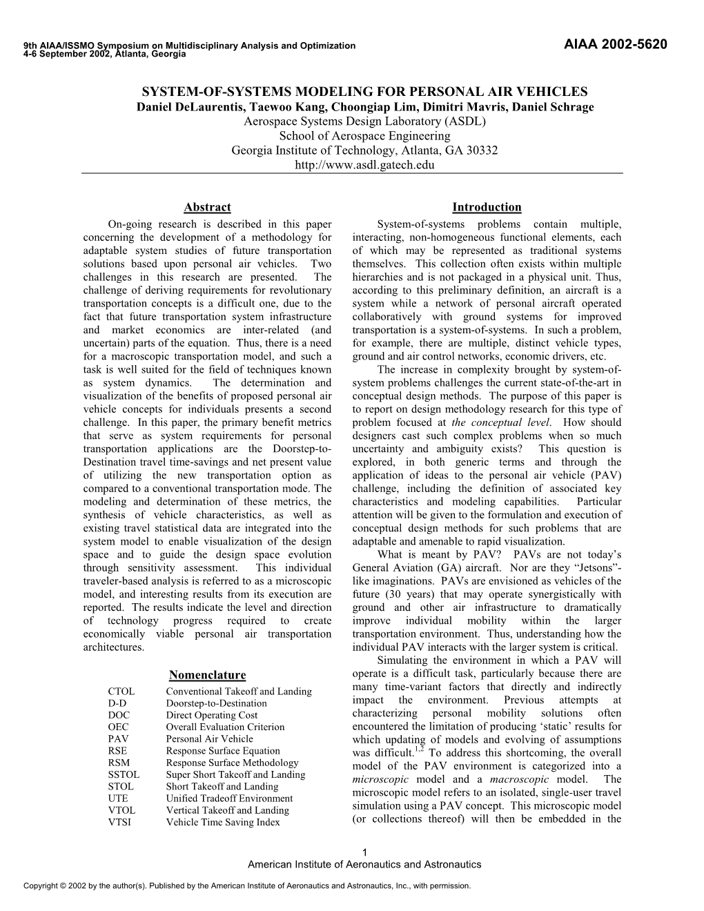 System of Systems Modeling for Personal Air Vehicles