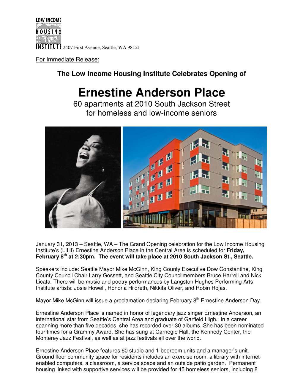 Ernestine Anderson Place 60 Apartments at 2010 South Jackson Street for Homeless and Low-Income Seniors