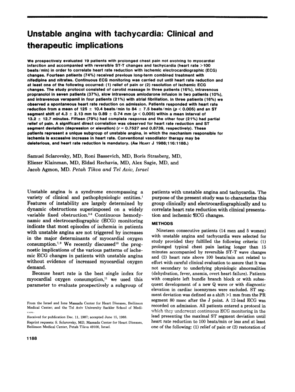 Unstable Angina with Tachycardia: Clinical and Therapeutic Implications