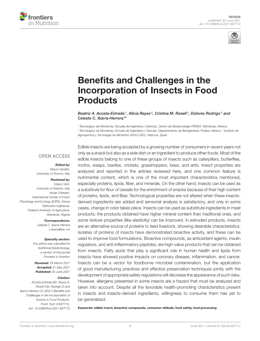 Benefits and Challenges in the Incorporation of Insects in Food