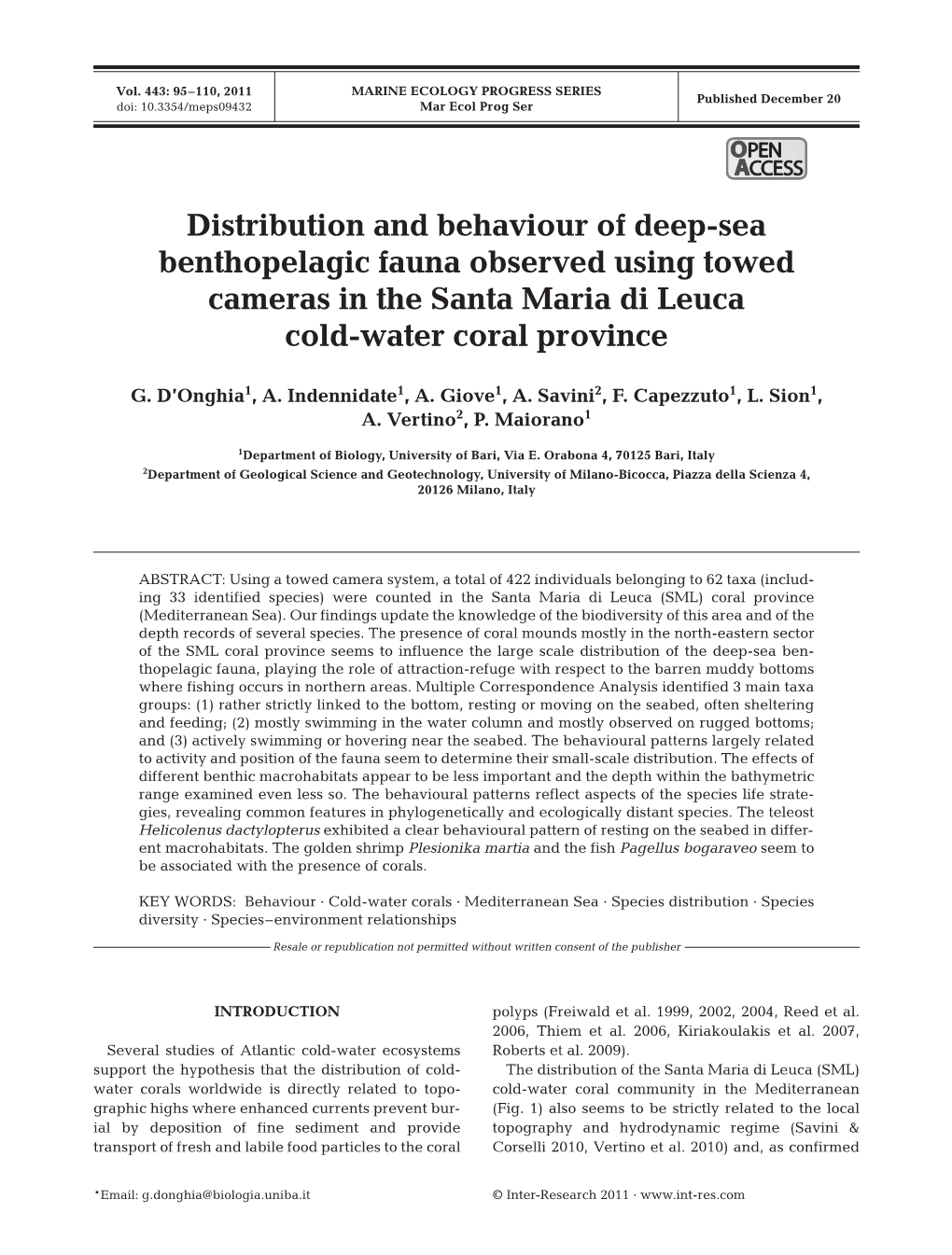 Distribution and Behaviour of Deep-Sea Benthopelagic Fauna Observed Using Towed Cameras in the Santa Maria Di Leuca Cold-Water Coral Province