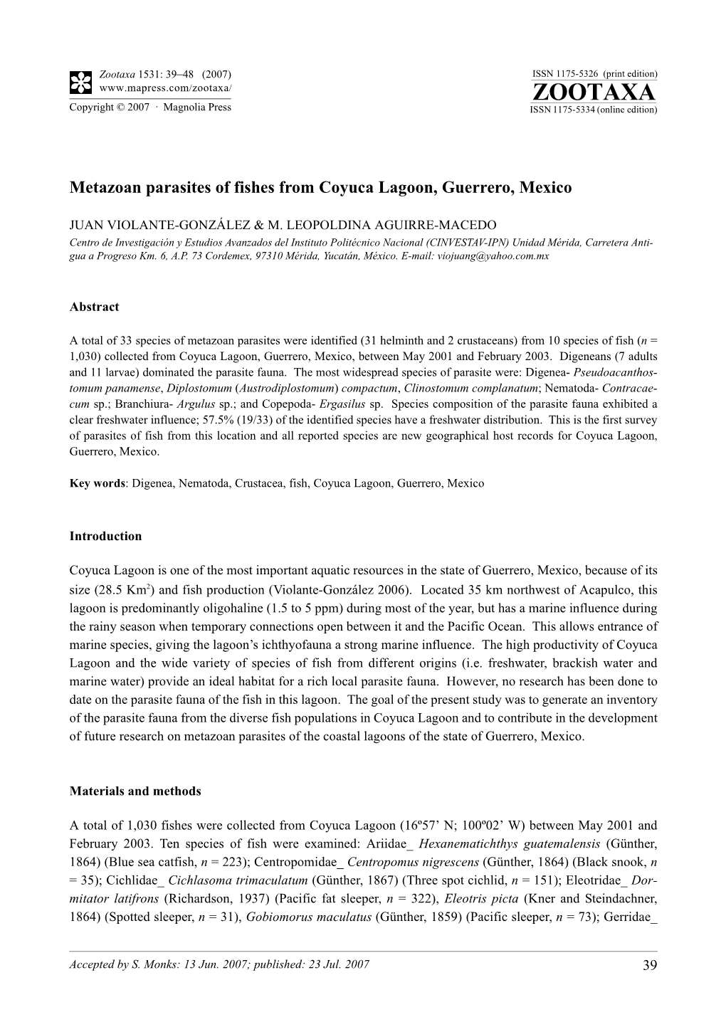 Zootaxa,Metazoan Parasites of Fishes from Coyuca Lagoon, Guerrero