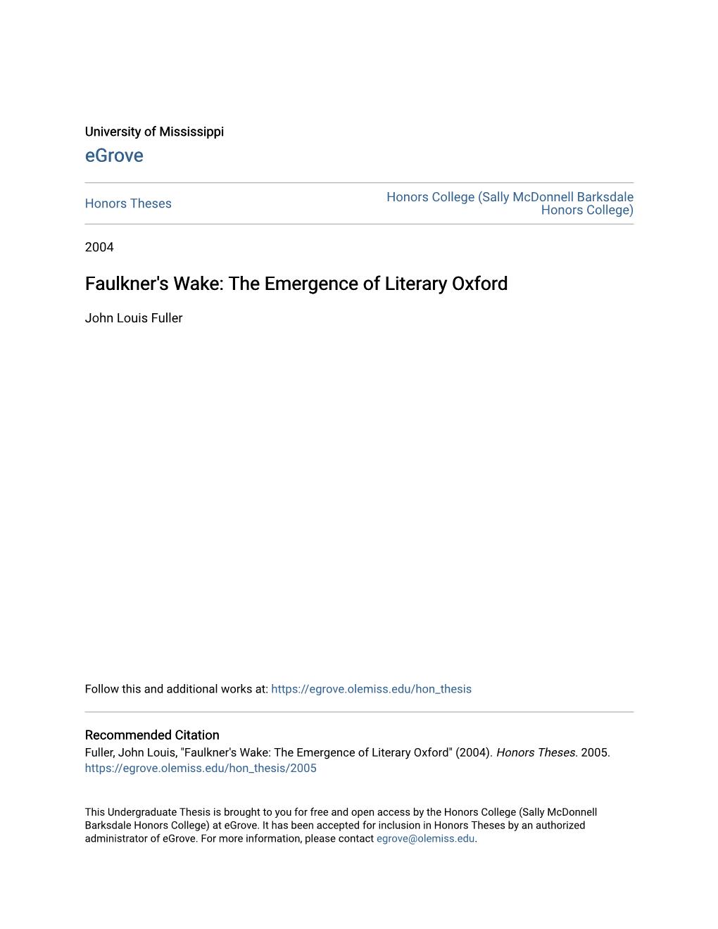 Faulkner's Wake: the Emergence of Literary Oxford