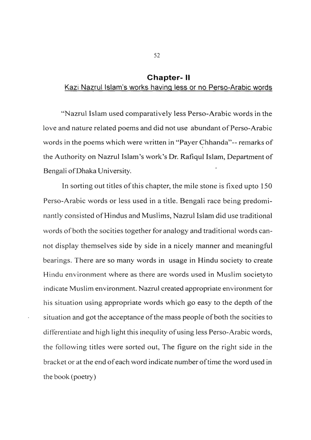 Chapter- II Kazi Nazrul Islam's Works Having Less Or No Perso-Arabic Words