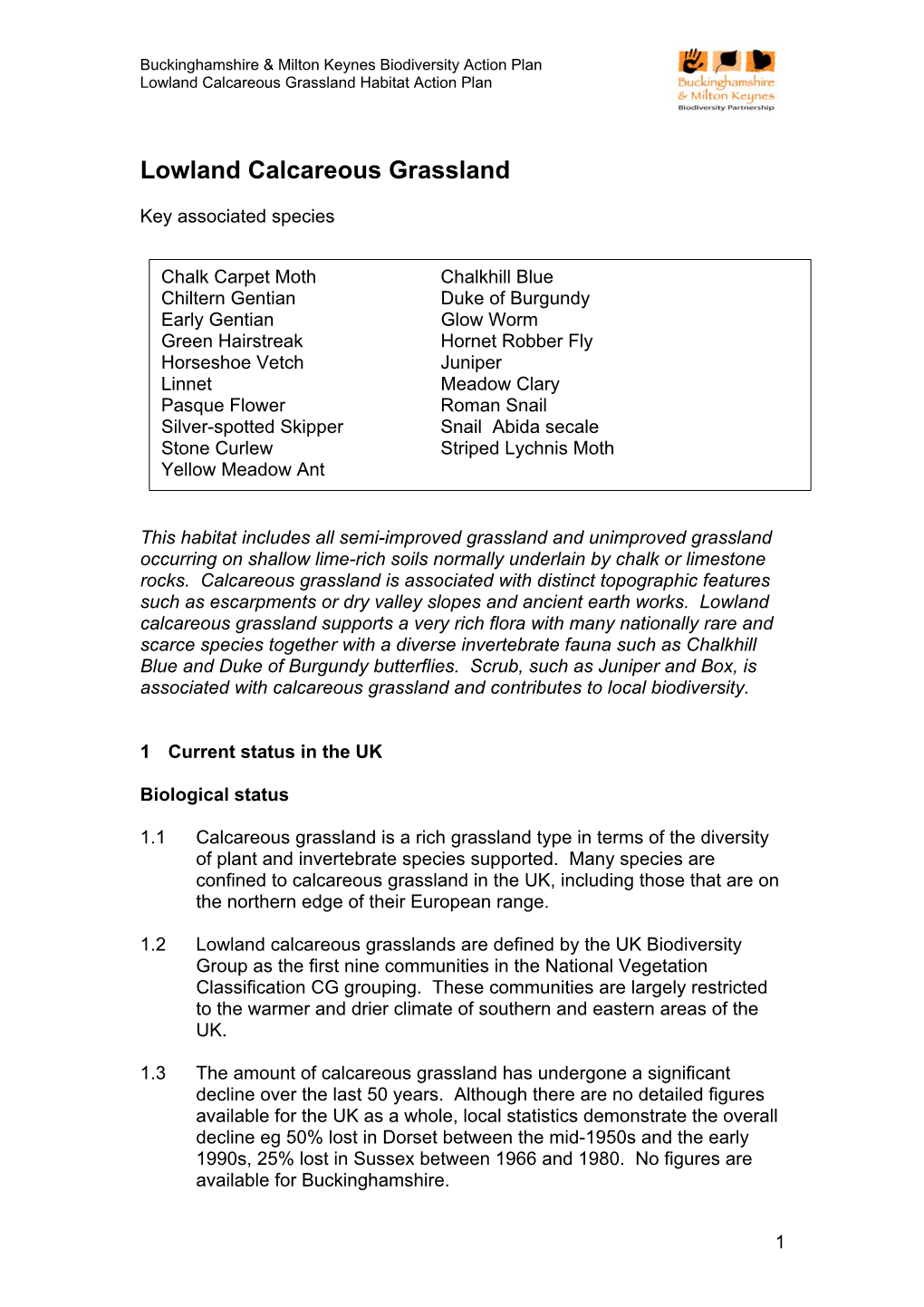 Lowland Calcareous Grassland Habitat Action Plan