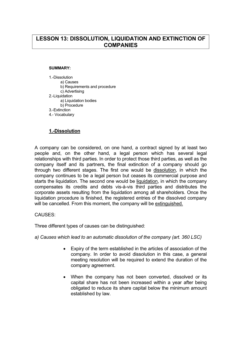 Lesson 13: Dissolution, Liquidation and Extinction of Companies