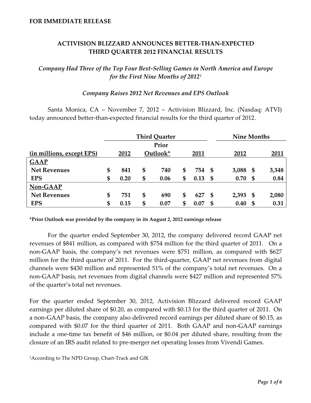 Activision Blizzard Announces Better-Than-Expected Third Quarter 2012 Financial Results