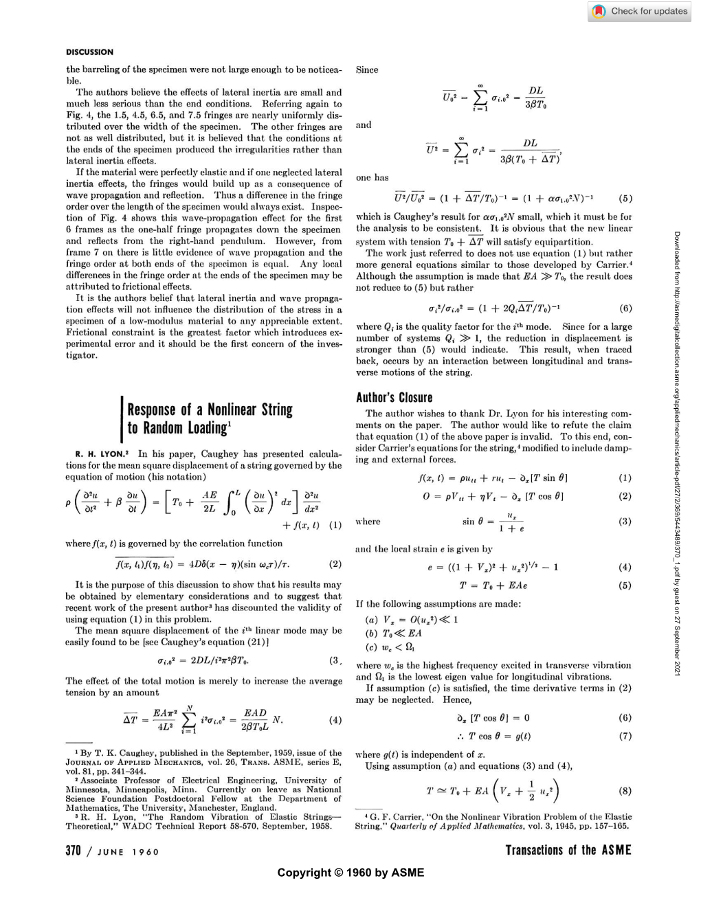 Response of a Nonlinear String to Random Loading1