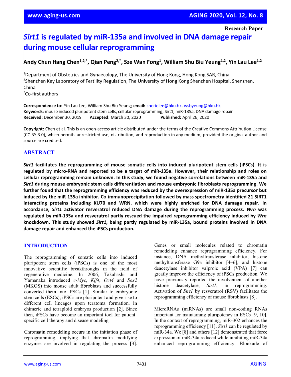 Sirt1 Is Regulated by Mir-135A and Involved in DNA Damage Repair During Mouse Cellular Reprogramming