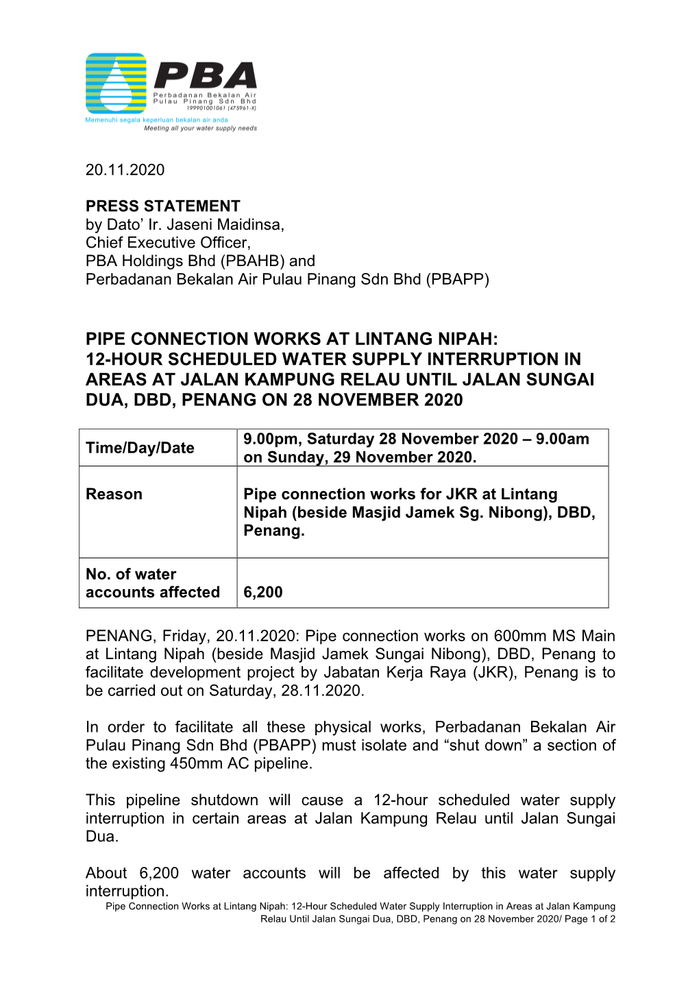 12-Hour Scheduled Water Supply Interruption in Areas at Jalan Kampung Relau Until Jalan Sungai Dua, Dbd, Penang on 28 November 2020