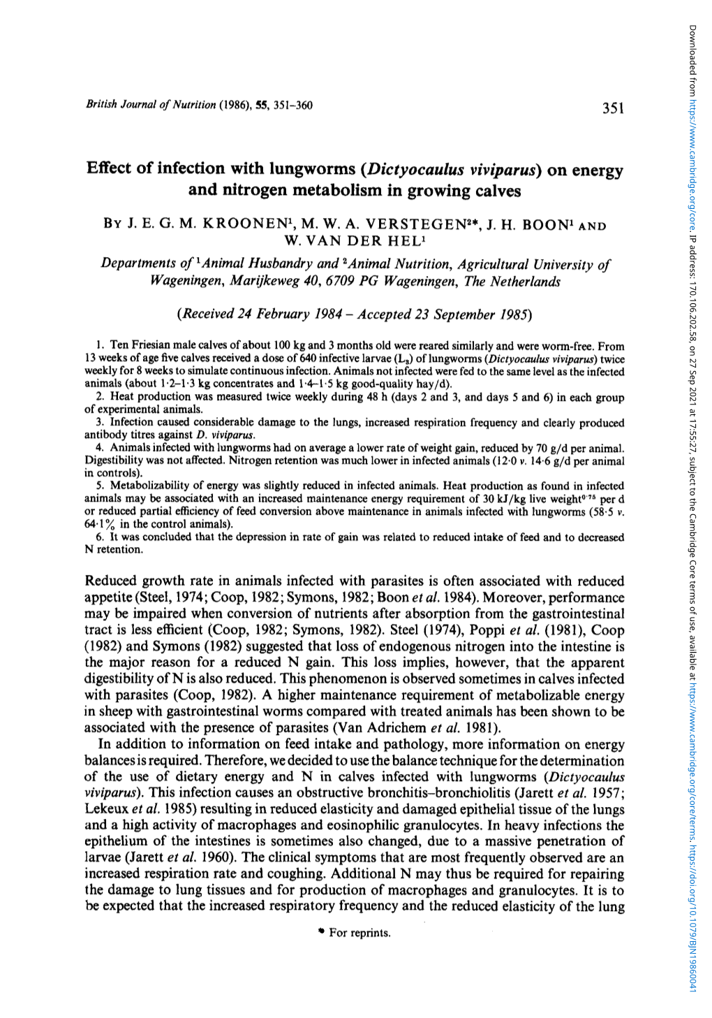 Effect of Infection with Lungworms ( Dictyocaulus Viviparus)