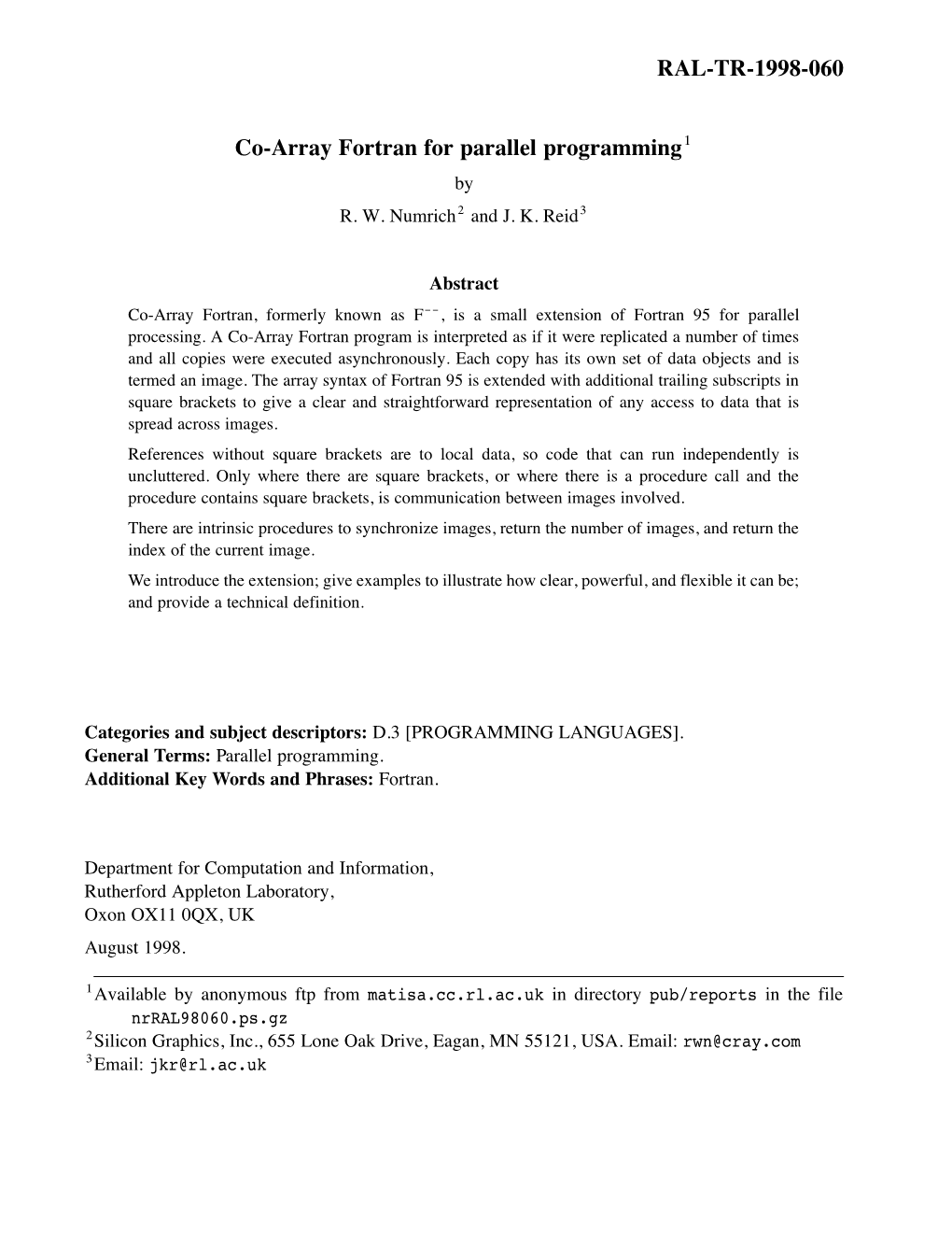 RAL-TR-1998-060 Co-Array Fortran for Parallel Programming