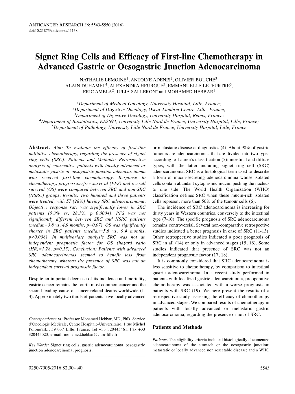 Signet Ring Cells and Efficacy of First-Line Chemotherapy in Advanced Gastric Or Oesogastric Junction Adenocarcinoma