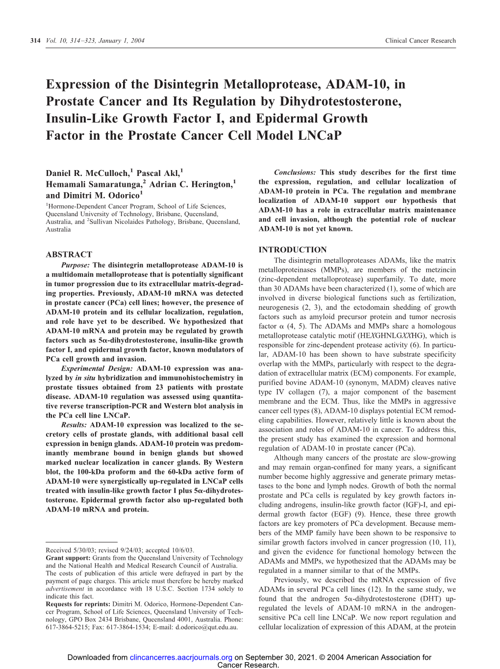 Expression of the Disintegrin Metalloprotease, ADAM-10, In