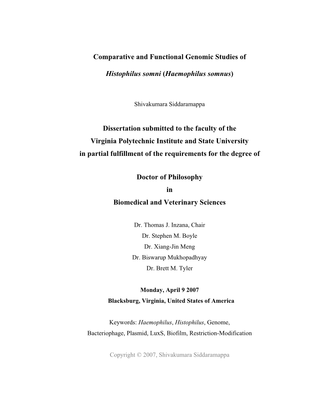 Comparative and Functional Genomic Studies of Histophilus Somni