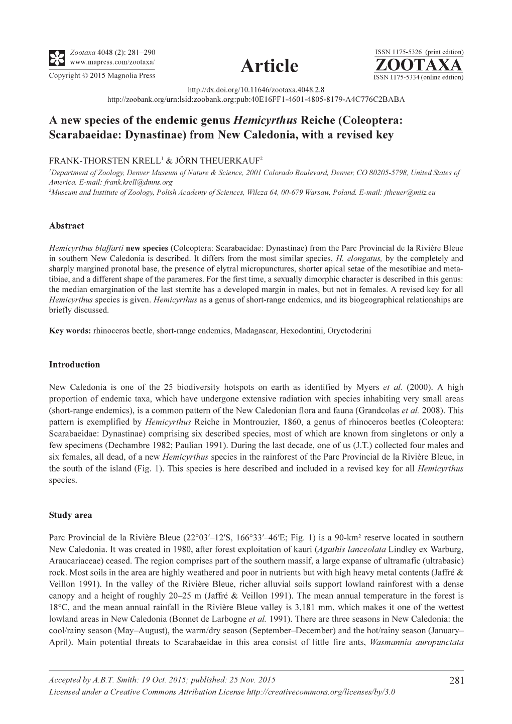 A New Species of the Endemic Genus Hemicyrthus Reiche (Coleoptera: Scarabaeidae: Dynastinae) from New Caledonia, with a Revised Key