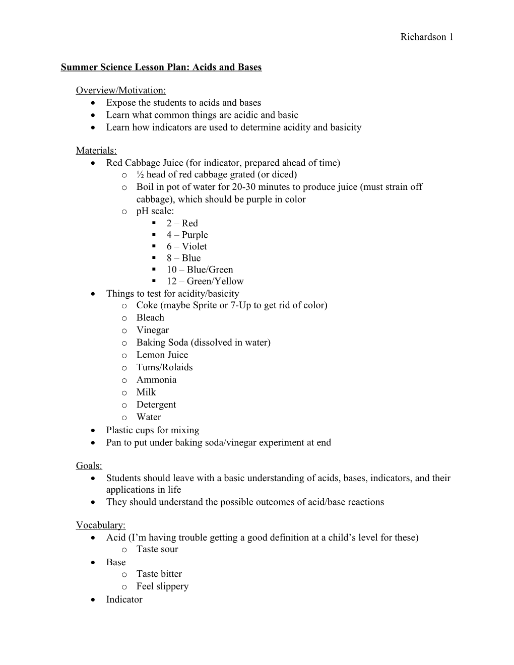 Summer Science Lesson Plan: Acids and Bases