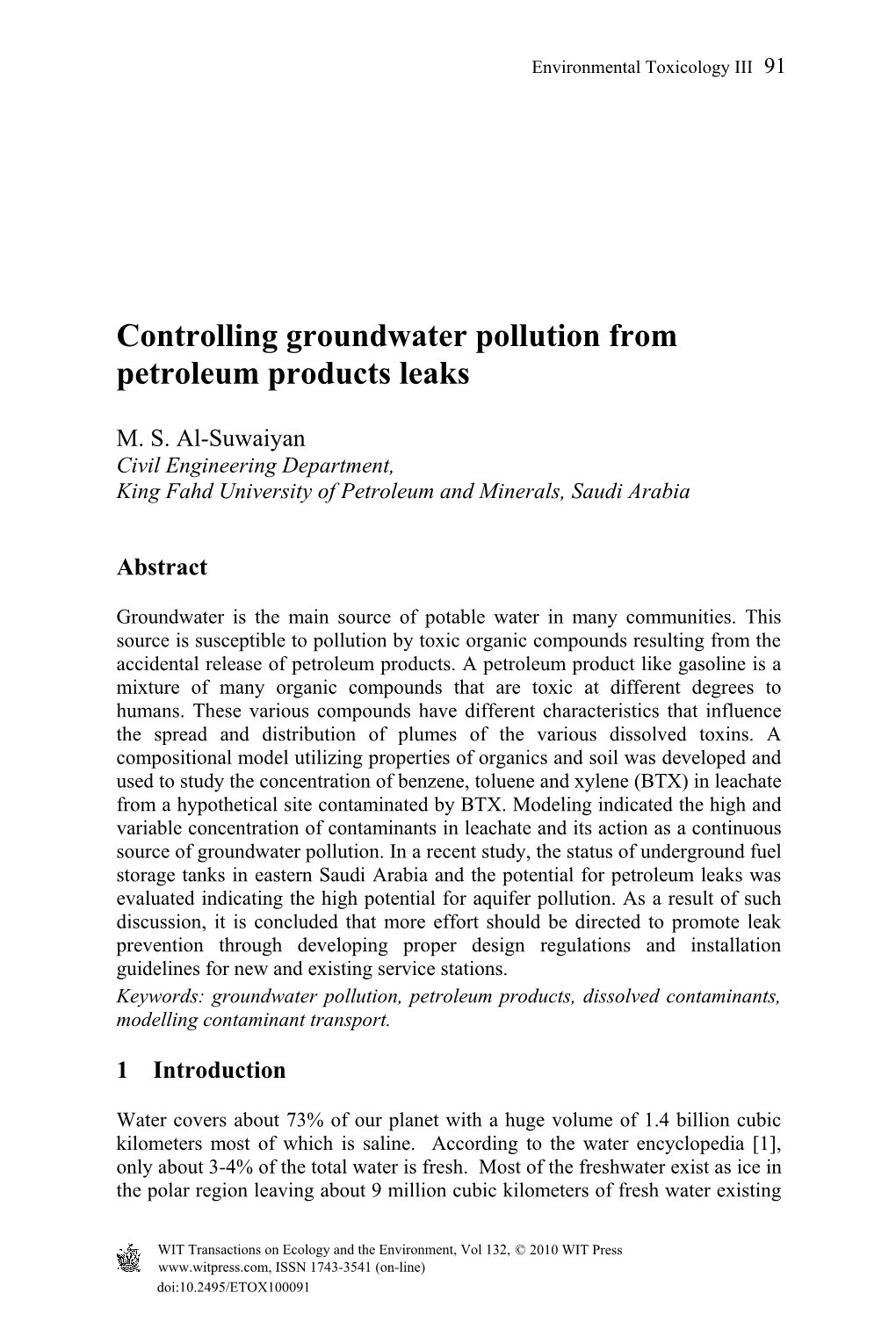 Controlling Groundwater Pollution from Petroleum Products Leaks