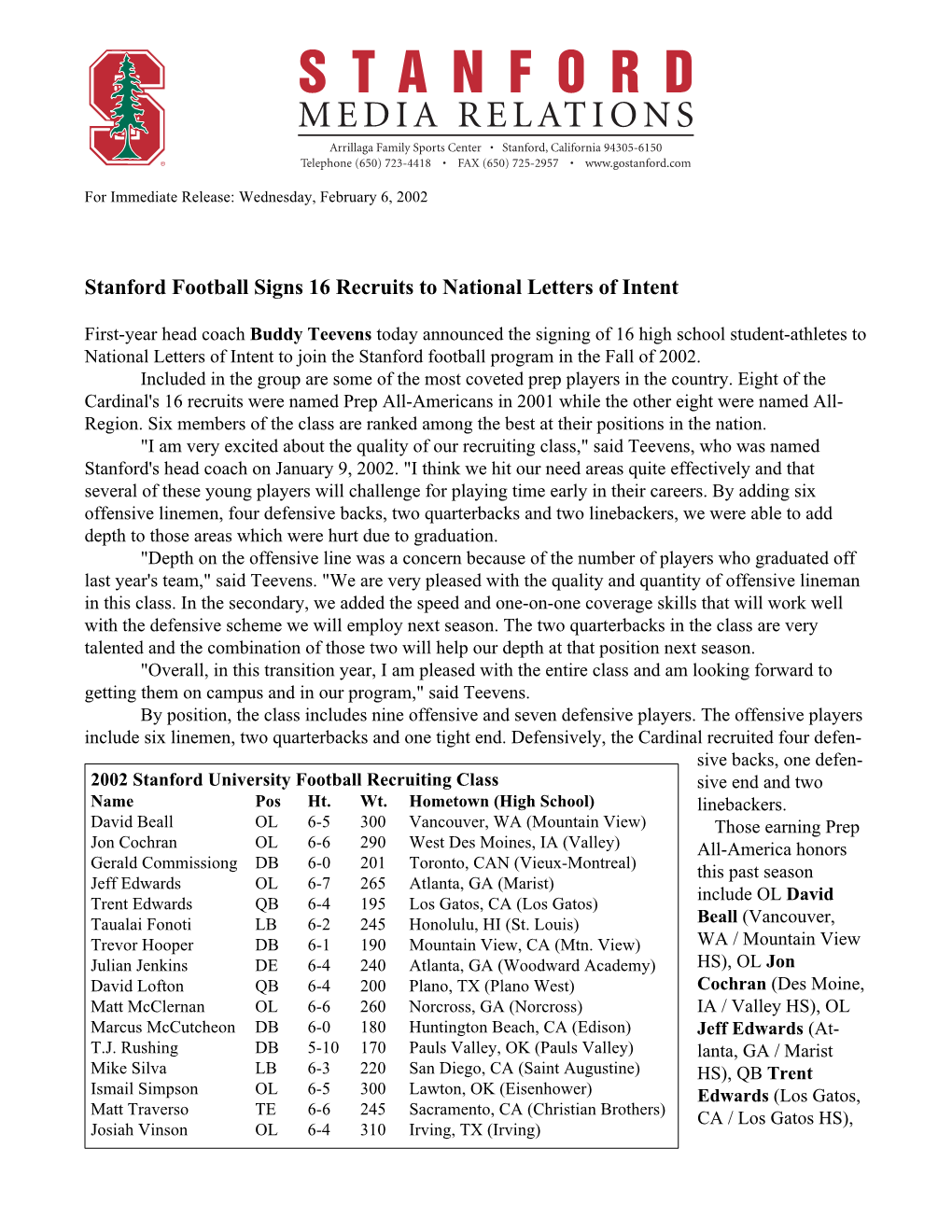 Stanford Football Signs 16 Recruits to National Letters of Intent