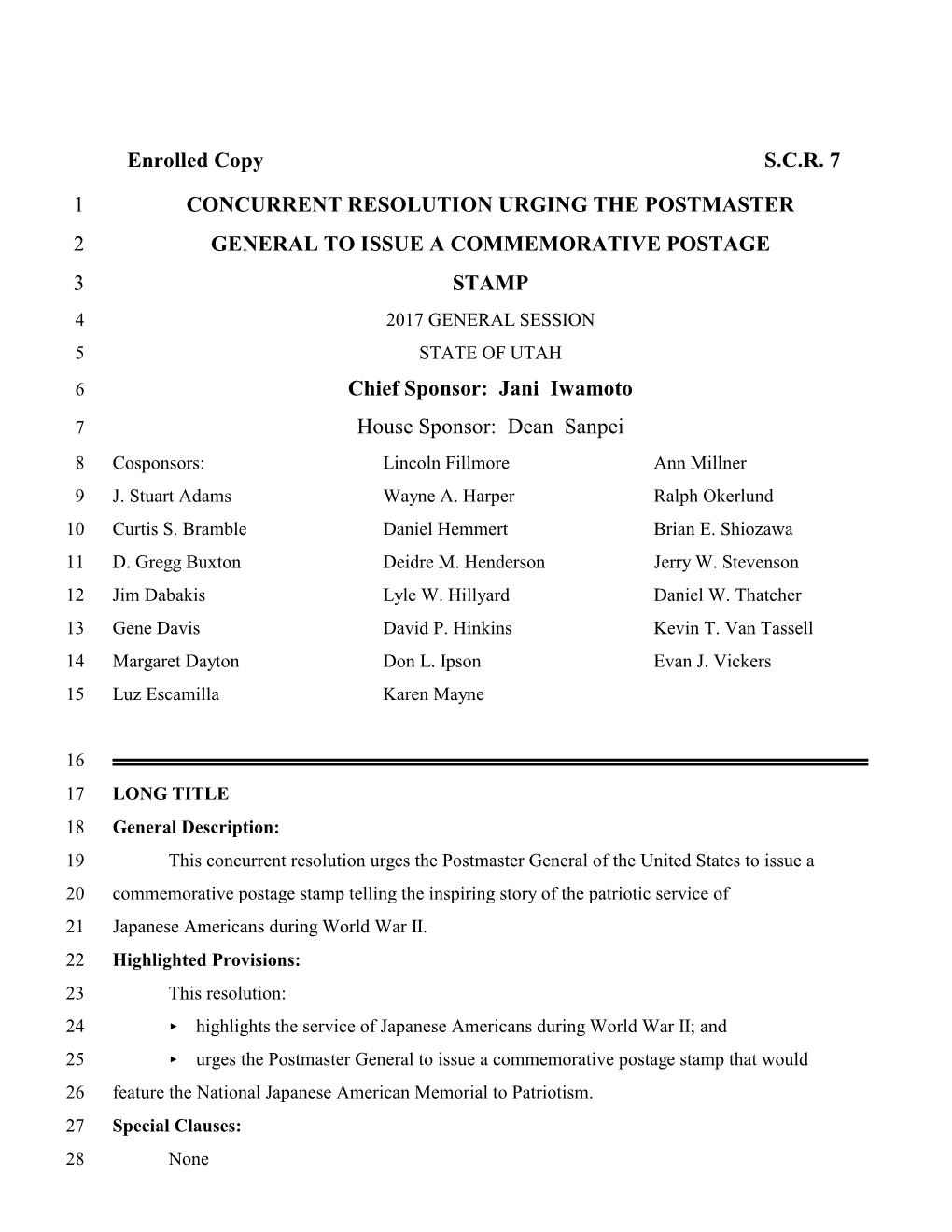 Enrolled Copy S.C.R. 7 1 CONCURRENT RESOLUTION